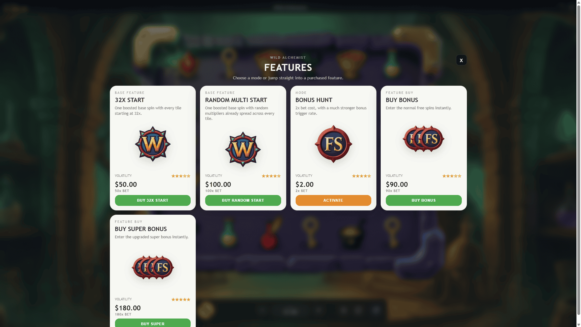 Wild Alchemist bonus buy menu