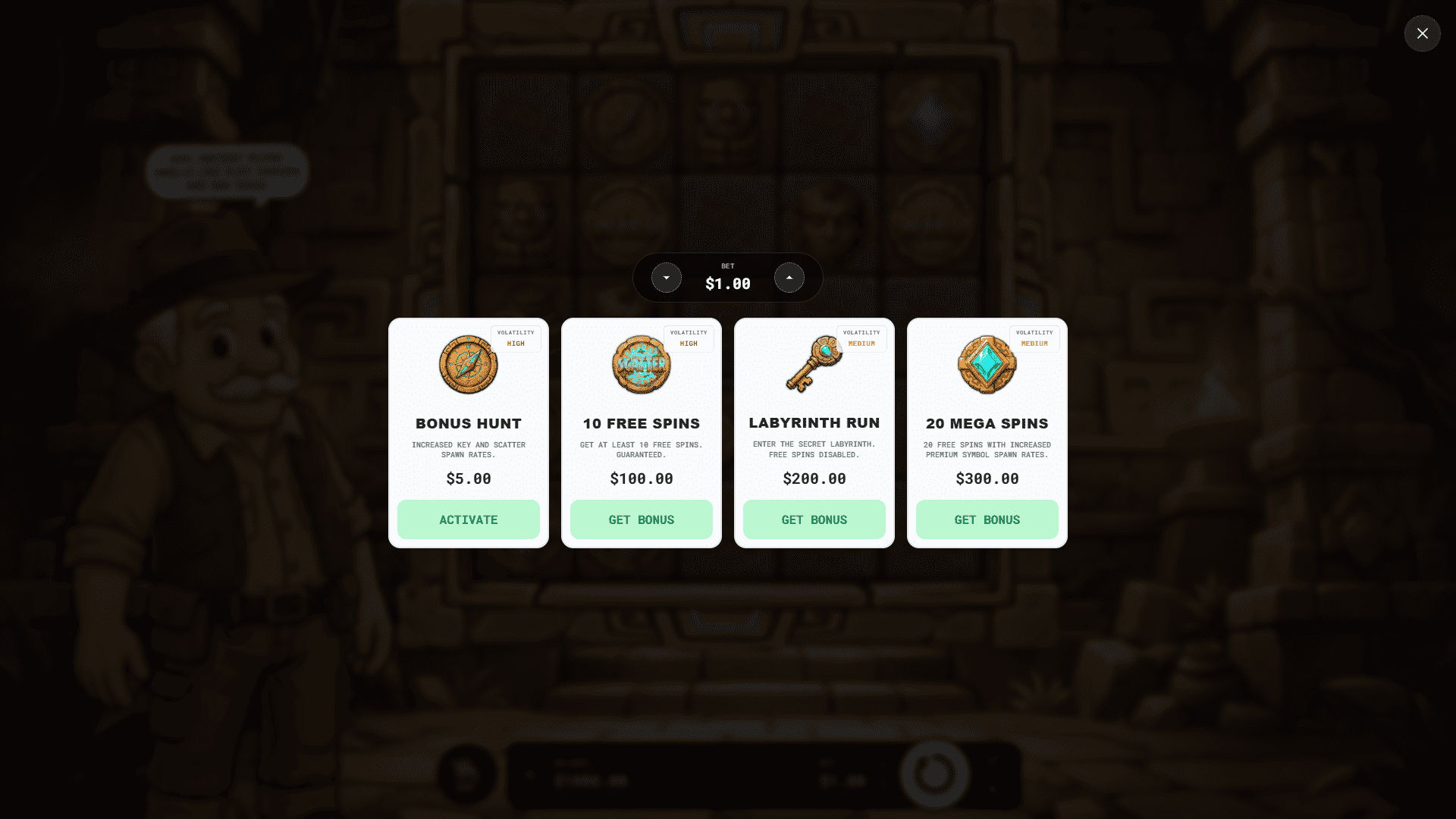 Uncle Franks Relic Run bonus buy menu