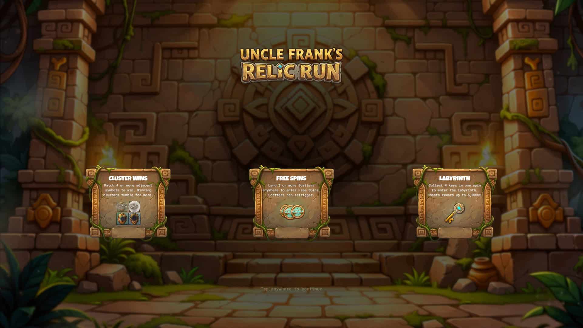 Uncle Franks Relic Run slot intro screen
