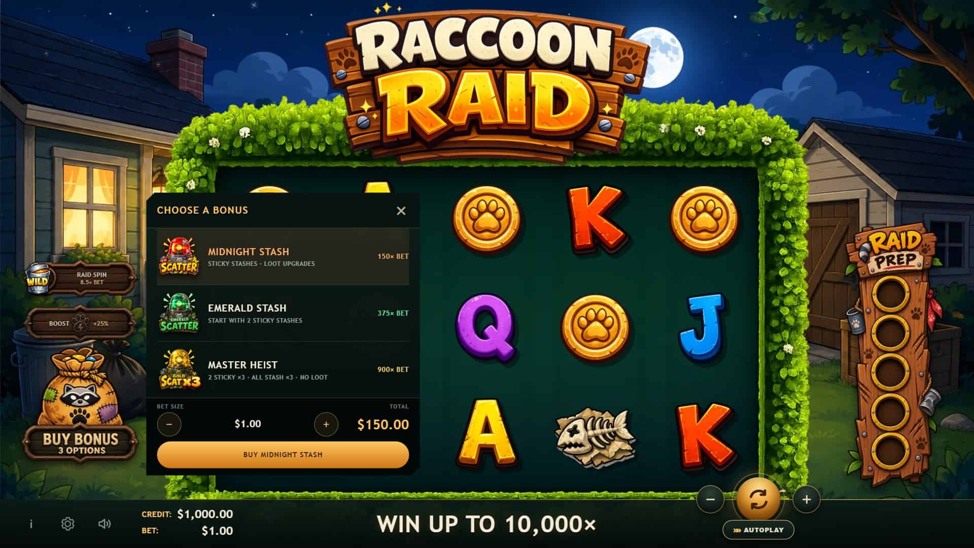 Raccoon Raid bonus buy menu