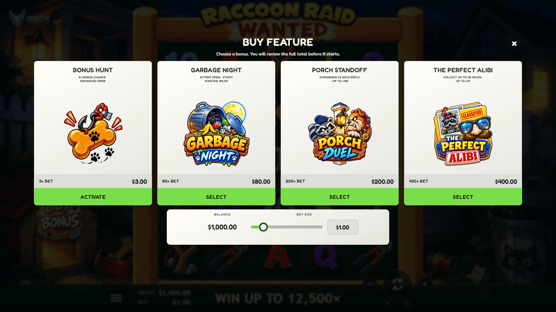 Raccoon Raid: Wanted bonus buy menu