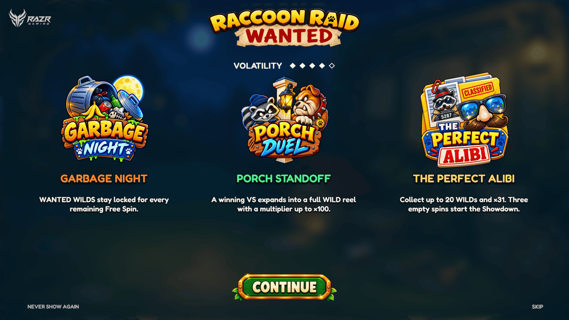 Raccoon Raid: Wanted slot intro screen