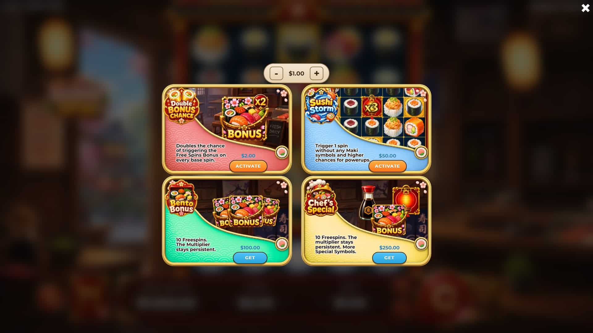 Sushi Spin Cluster Pays bonus buy menu