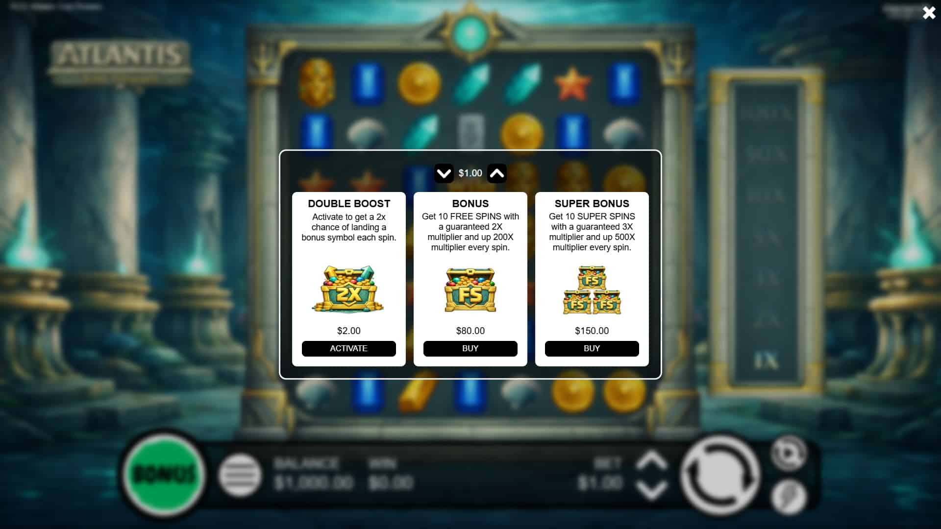 Atlantis Lost Treasure bonus buy menu