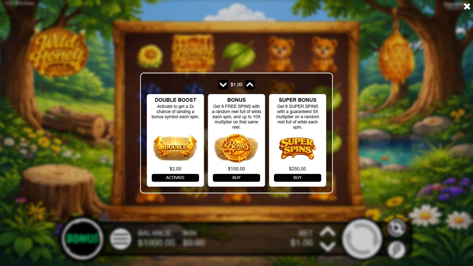 Wild Honey bonus buy menu