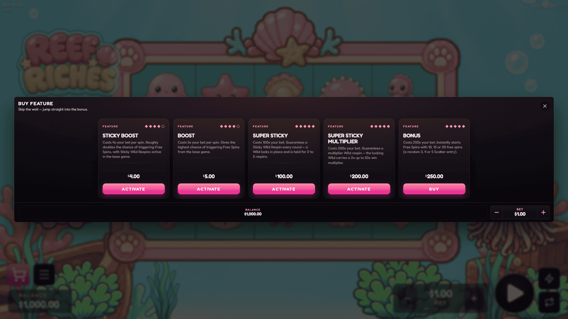 Reef Riches bonus buy menu