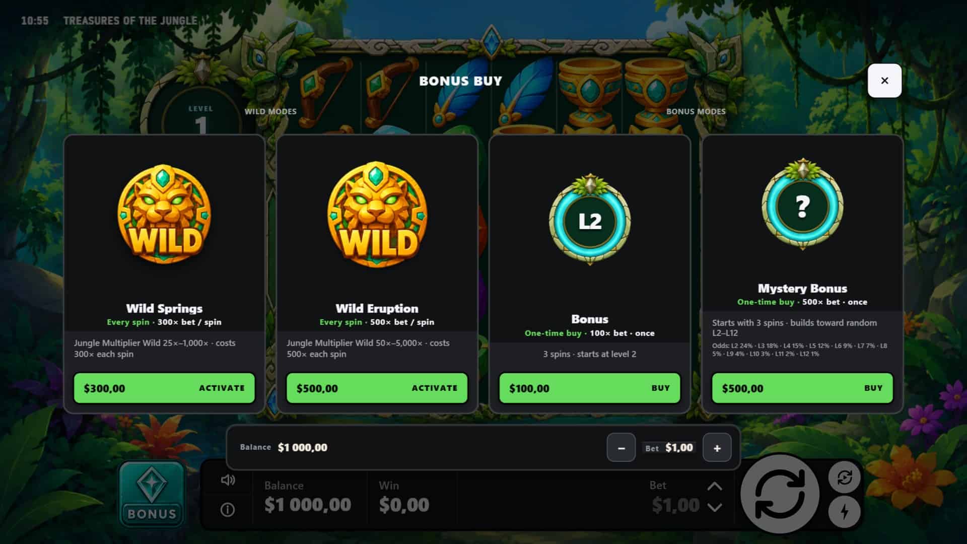 Treasures of the Jungle bonus buy menu