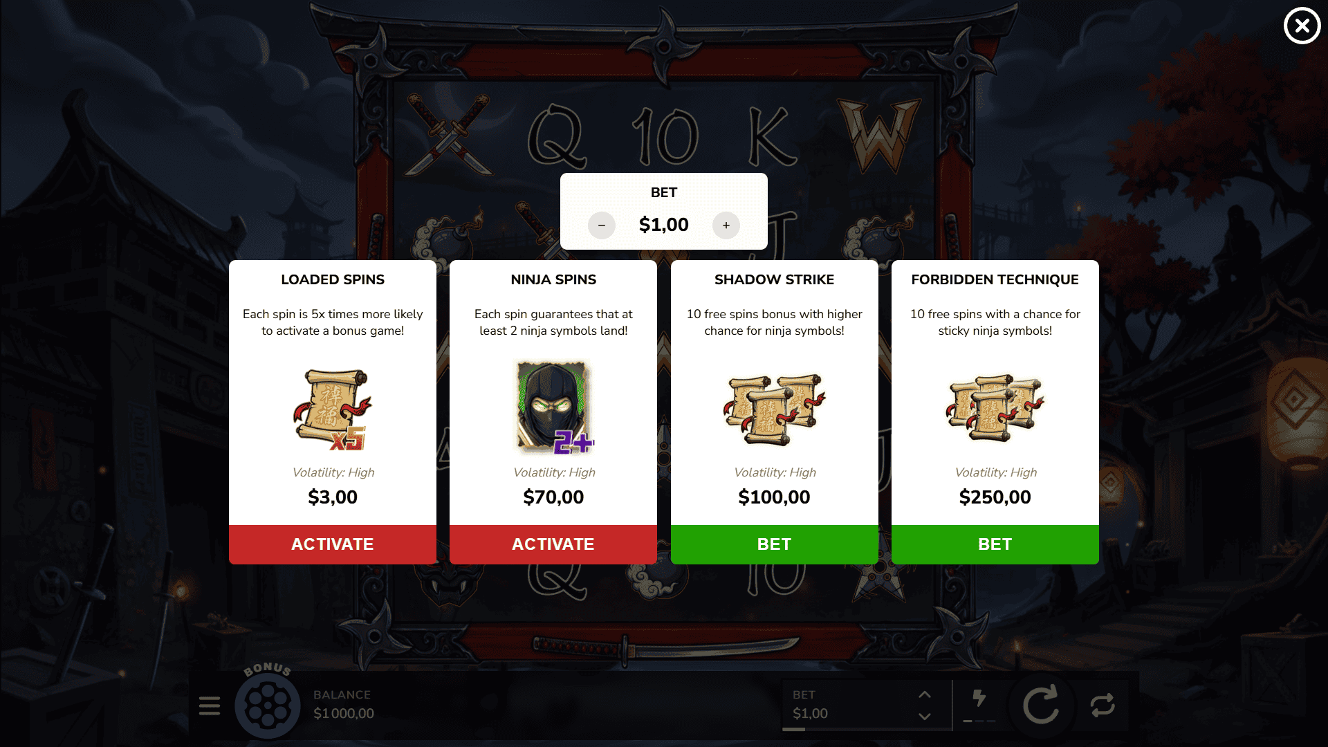 Spinobi bonus buy menu