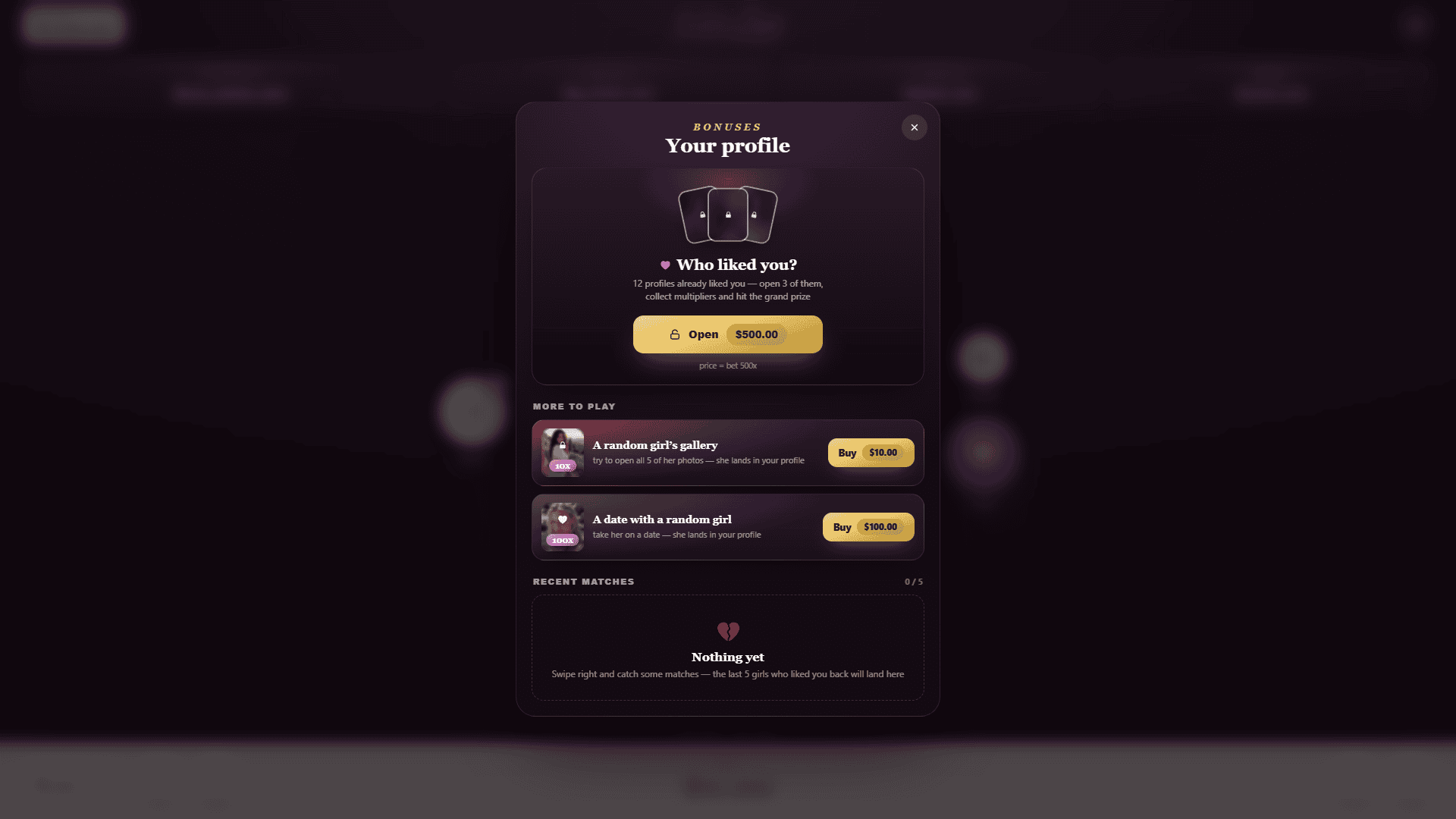 Swipe to Love bonus buy menu
