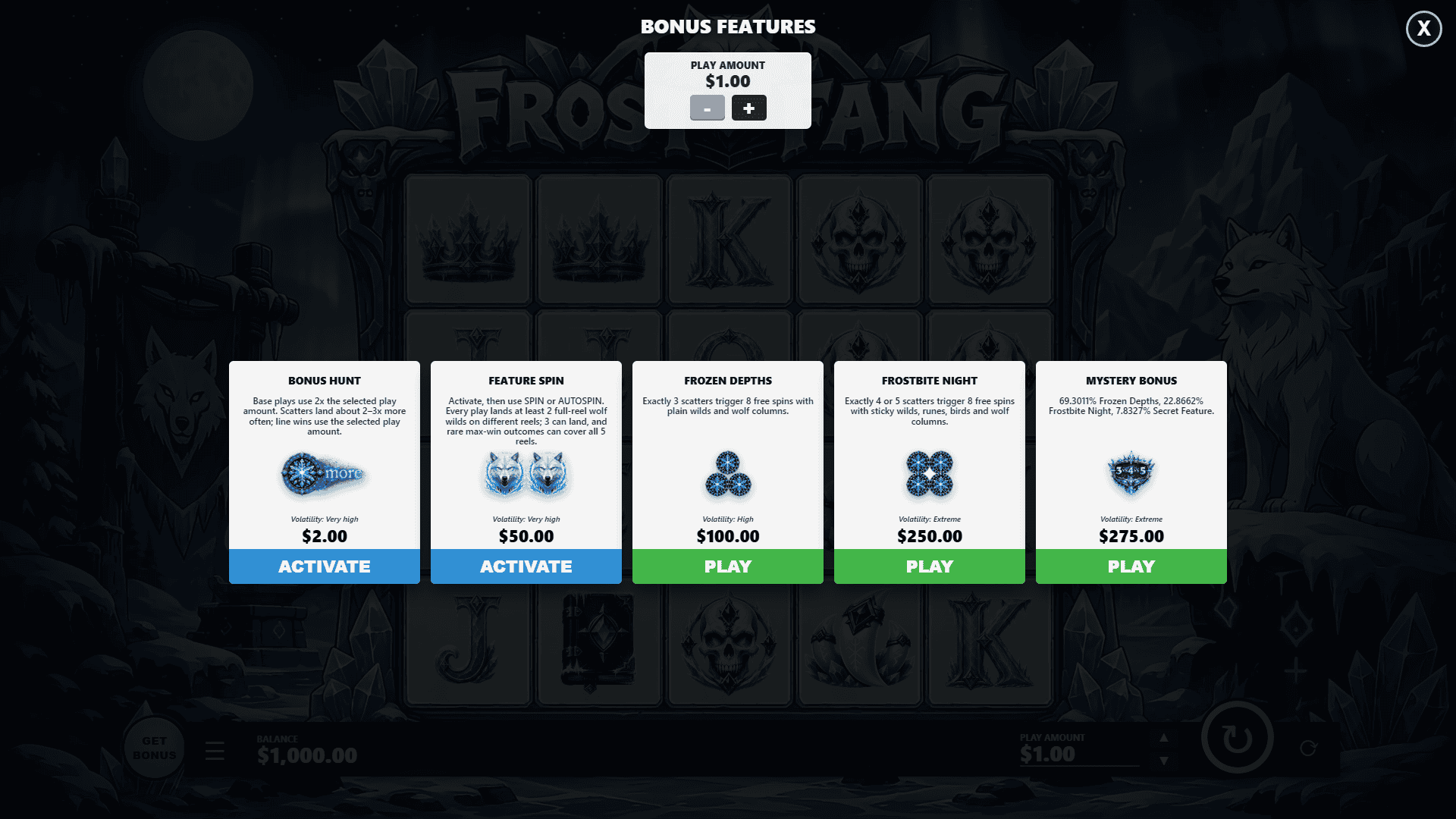 Frost Fang bonus buy menu