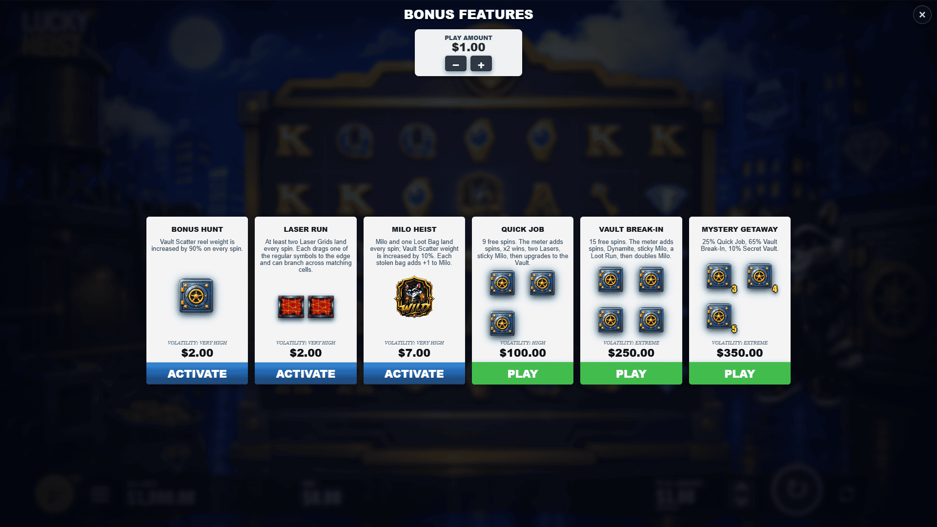 Lucky Heist bonus buy menu