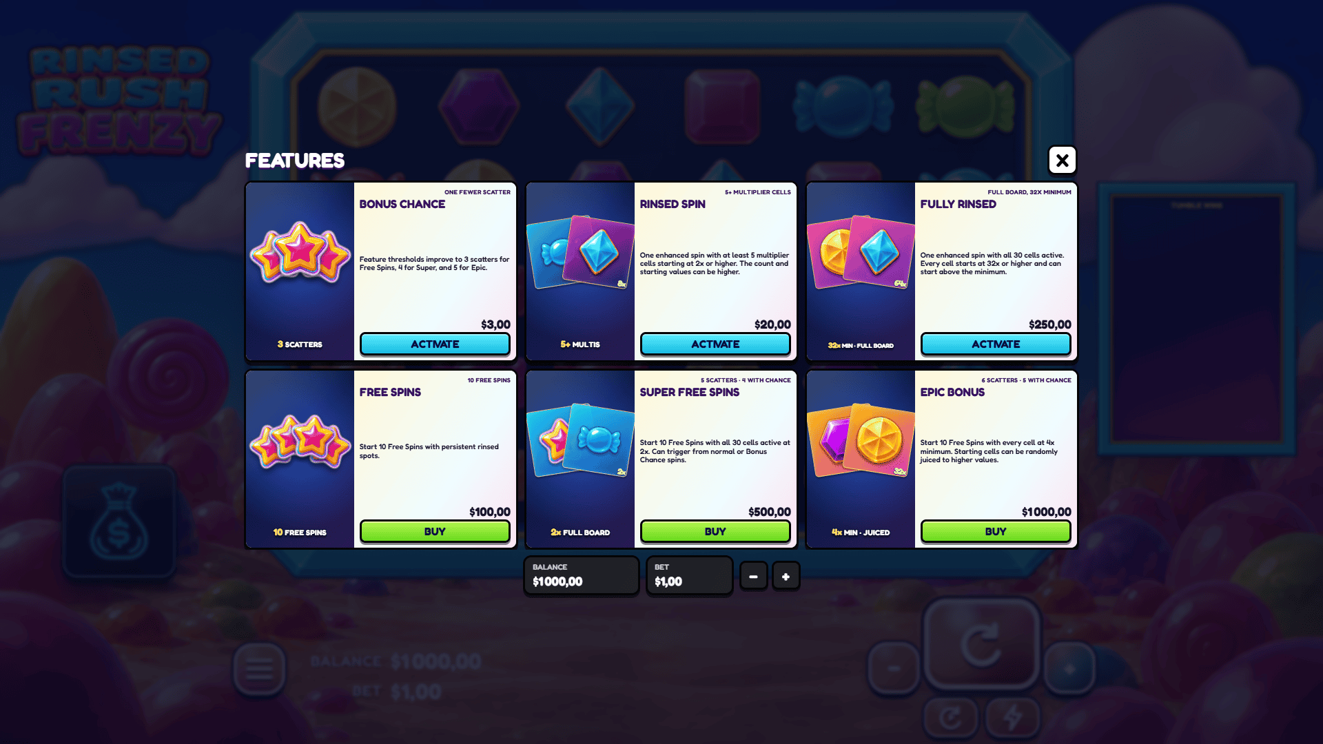 Rinsed Rush Frenzy bonus buy menu