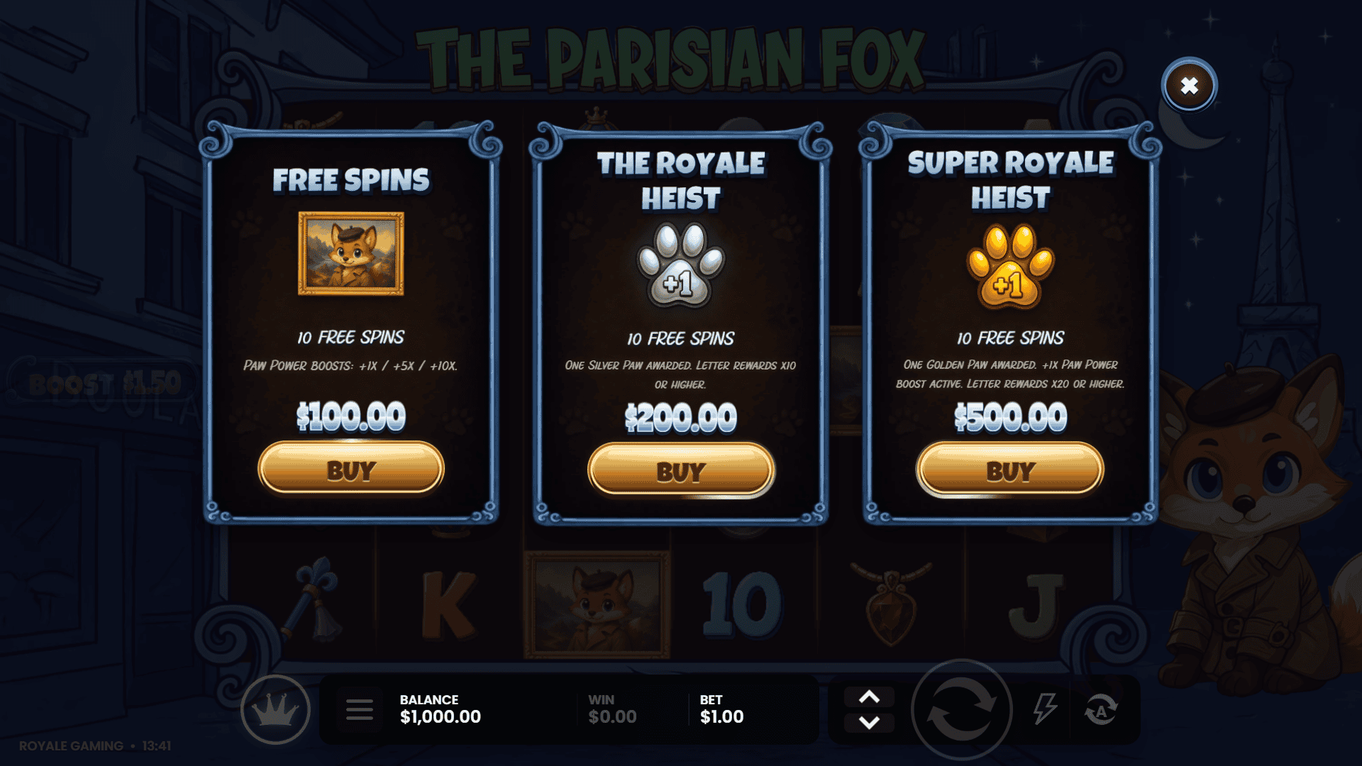 The Parisian Fox bonus buy menu