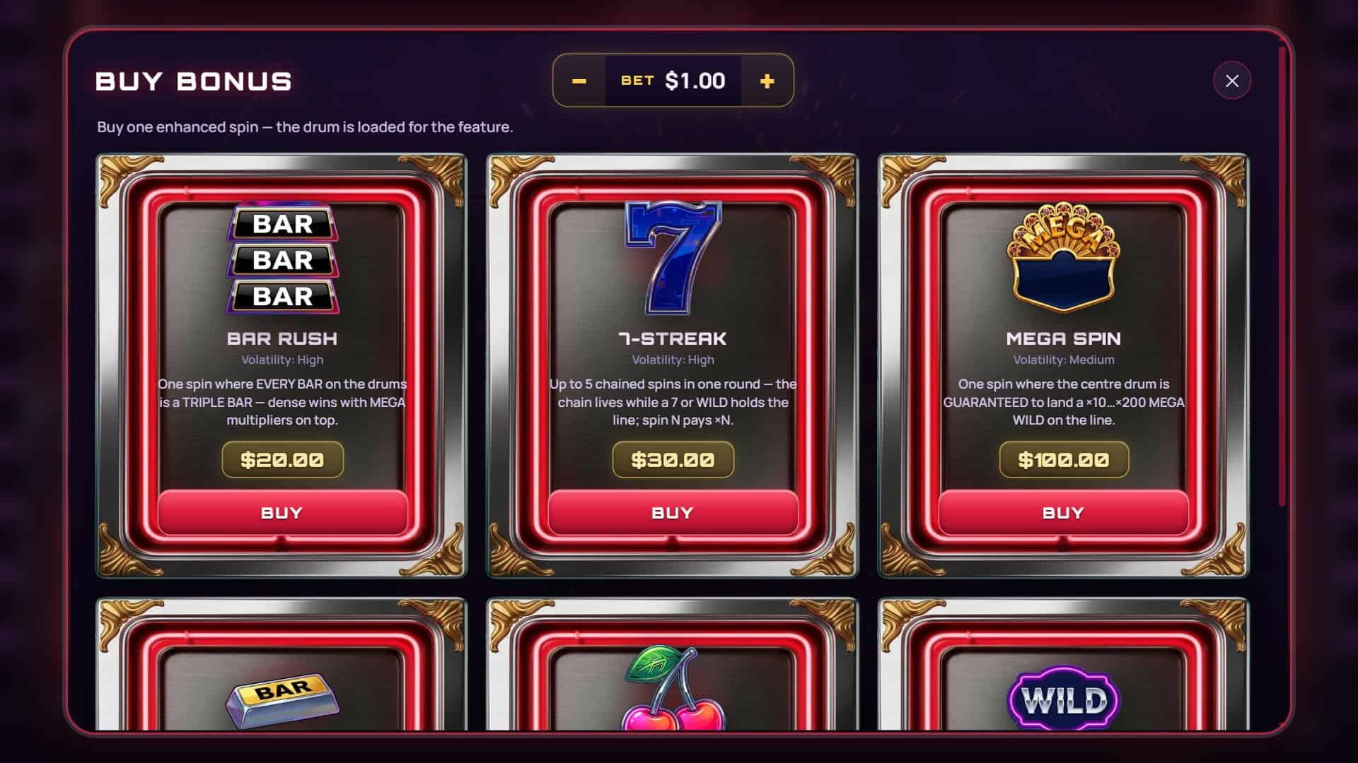 Chrome Sevens bonus buy menu