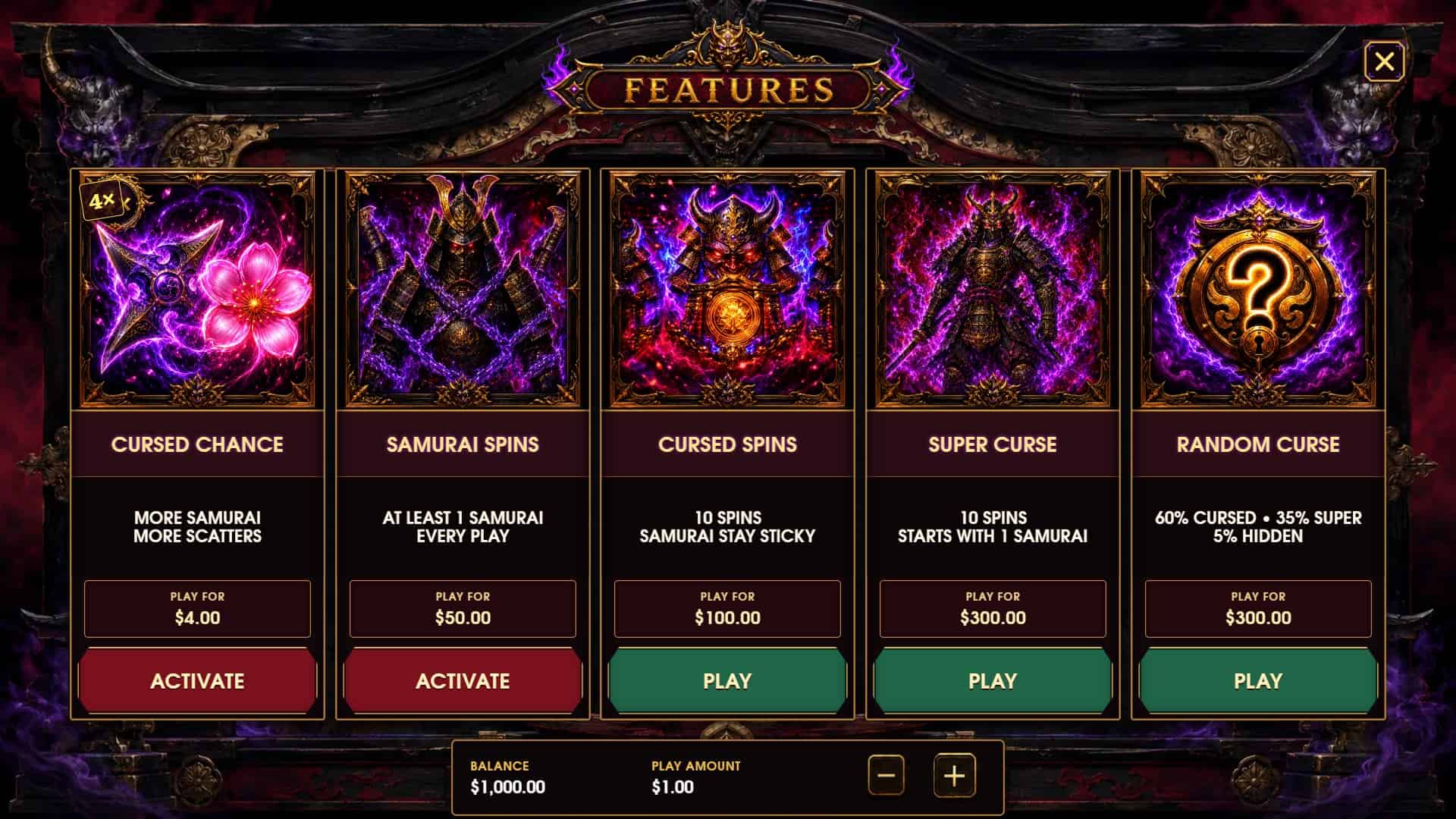 Cursed Samurai bonus buy menu