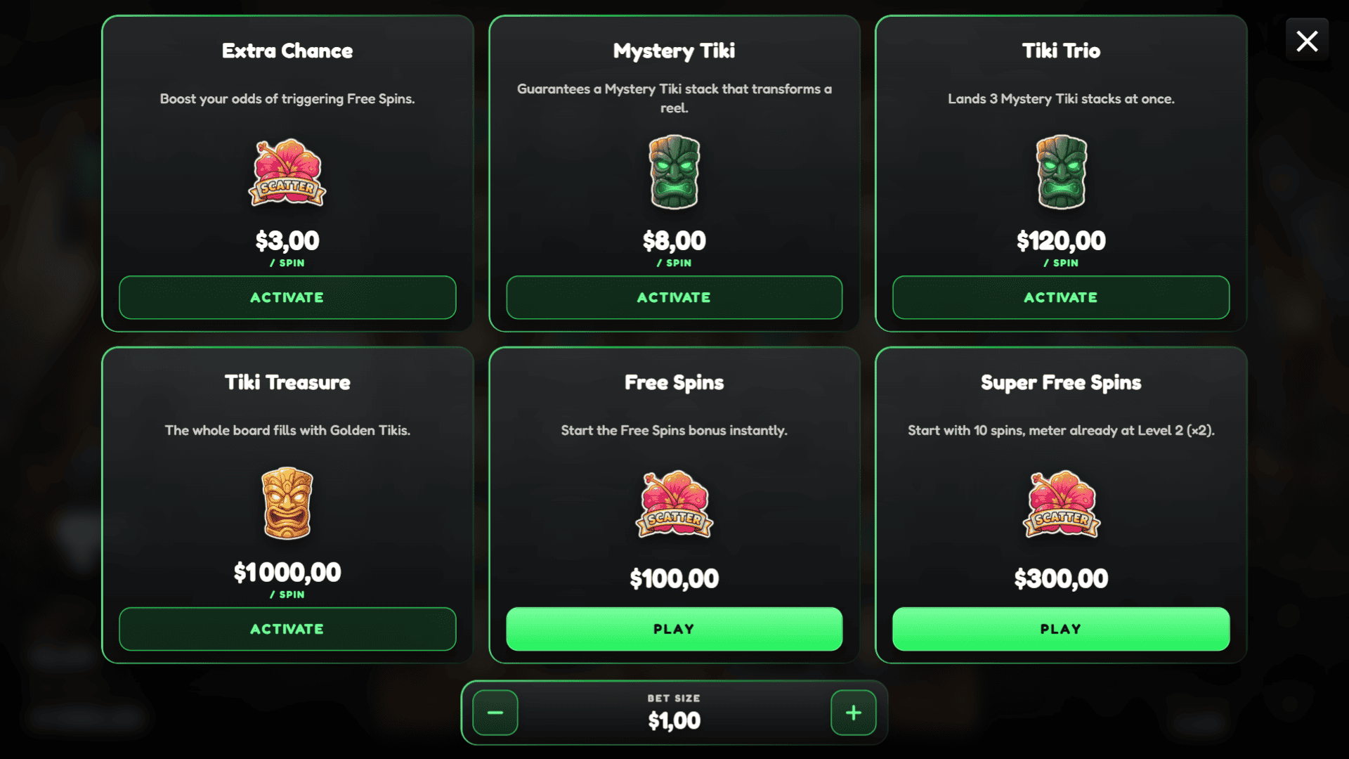Tiki Totems bonus buy menu