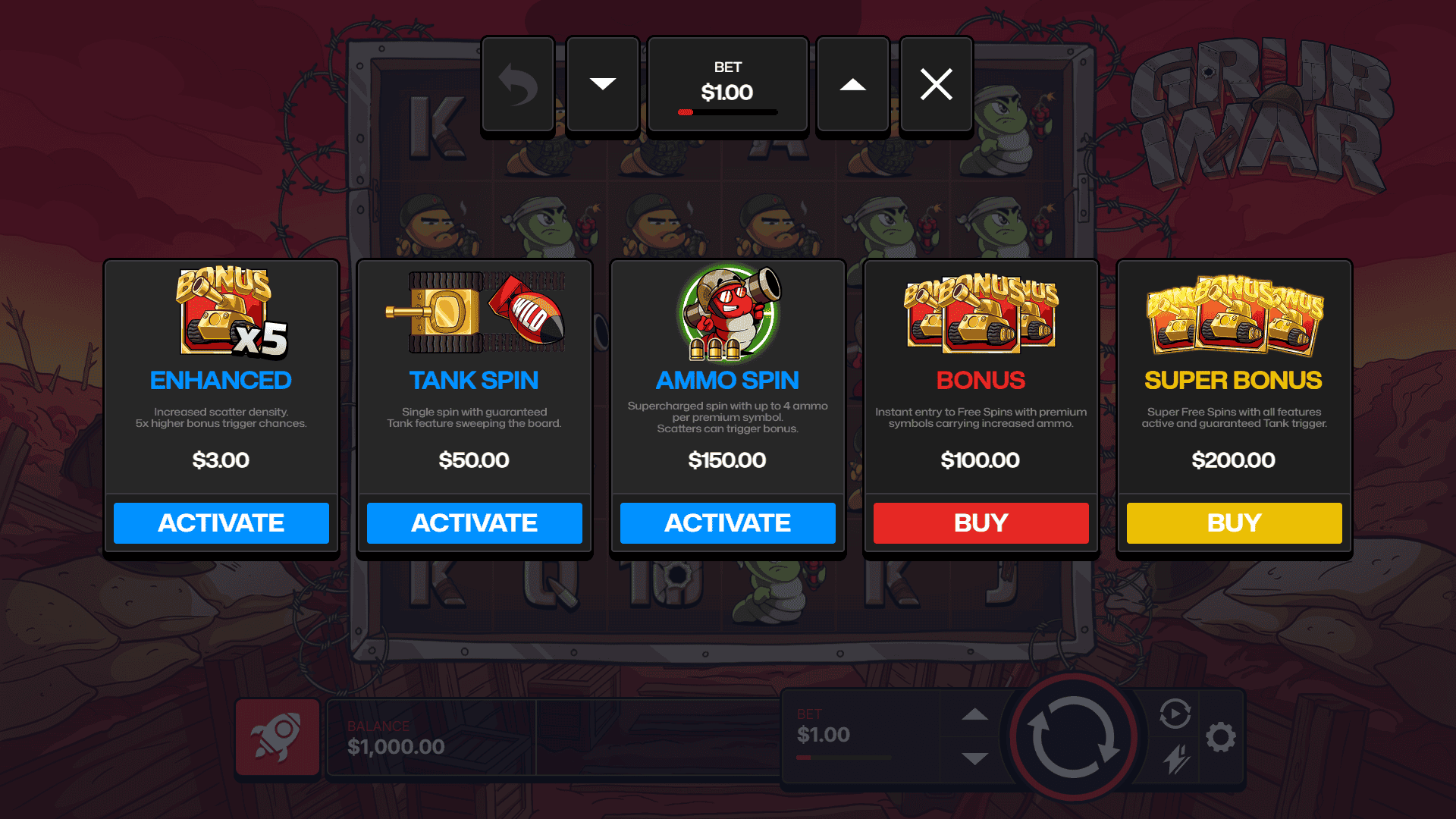 Grub War bonus buy menu