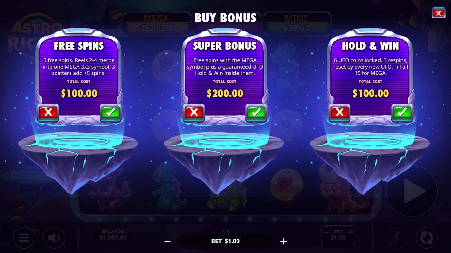 Astro Riches bonus buy menu