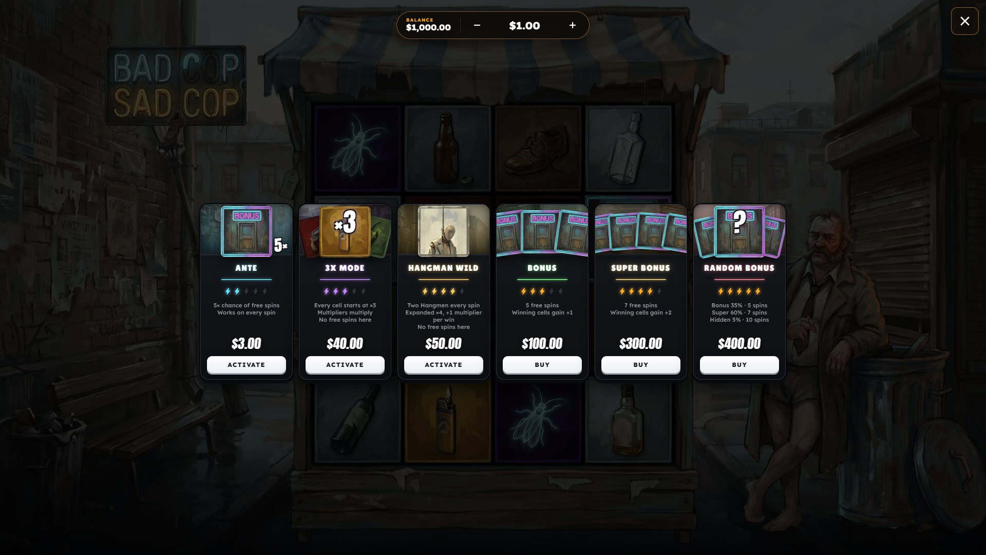 Bad Cop Sad Cop bonus buy menu