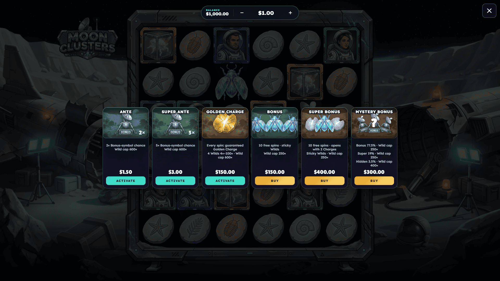 Moon Clusters bonus buy menu