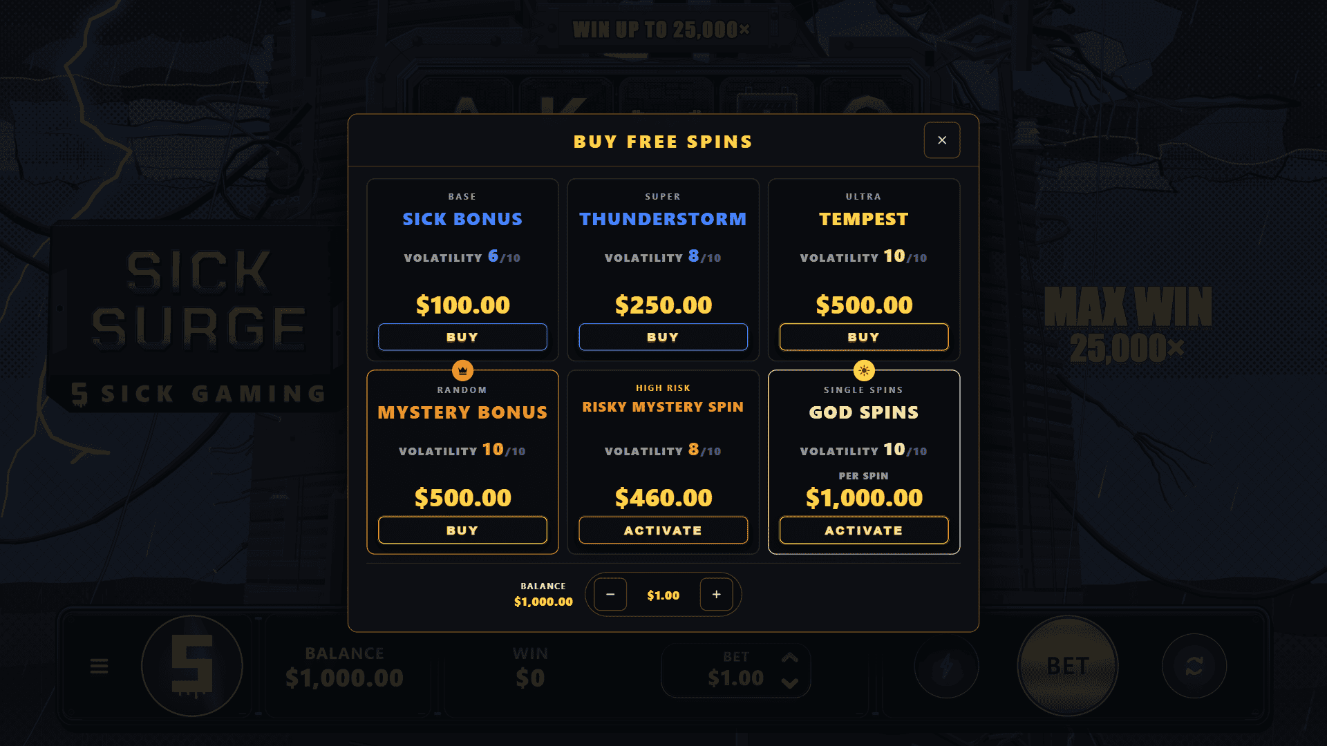 Sick Surge bonus buy menu