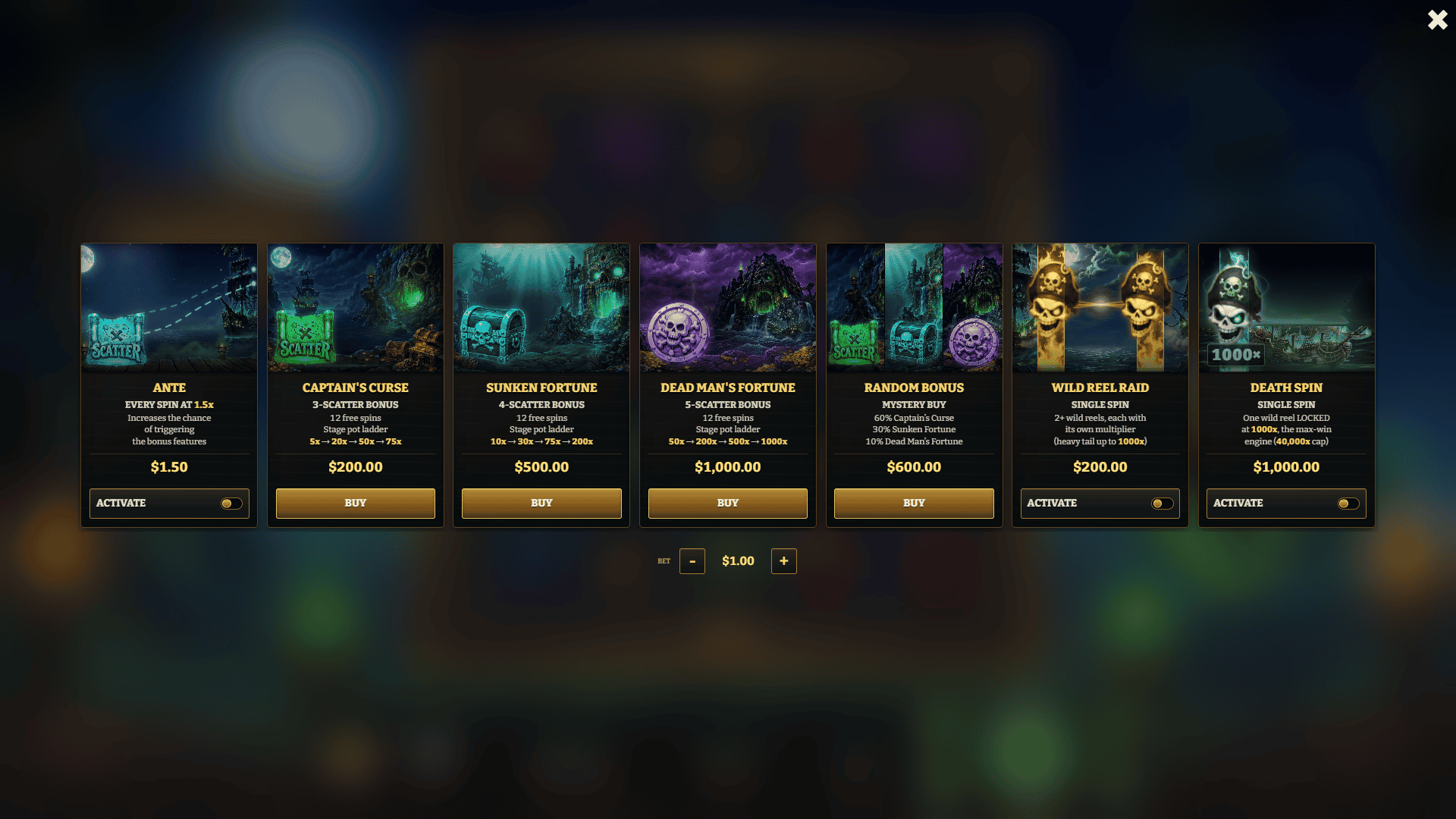 Dead Man's Reels bonus buy menu