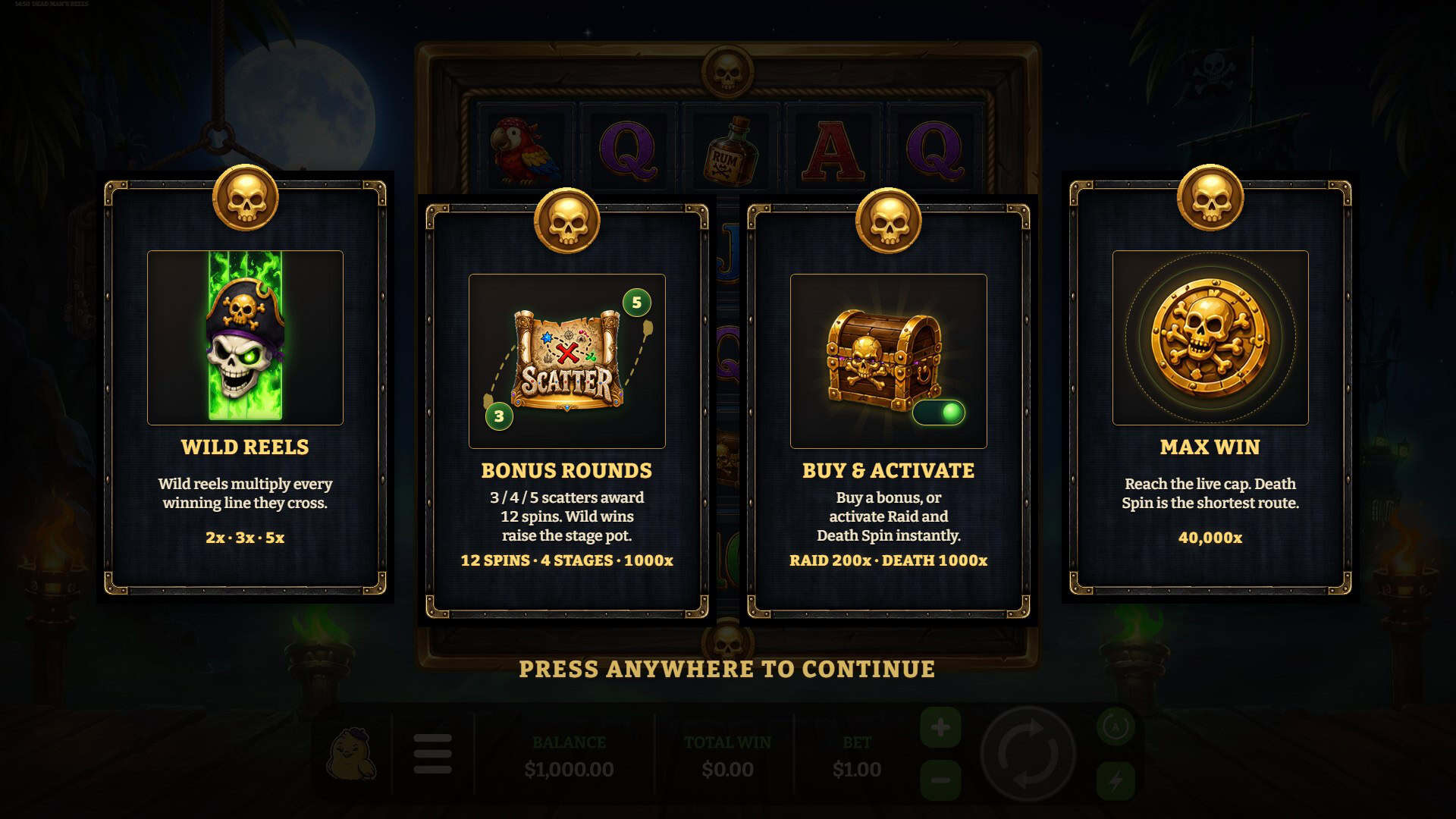 Dead Man's Reels slot intro screen