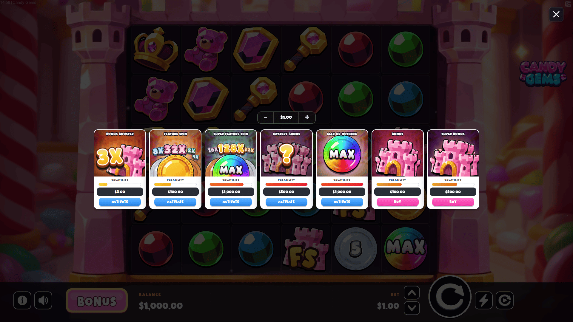 Candy Gems bonus buy menu