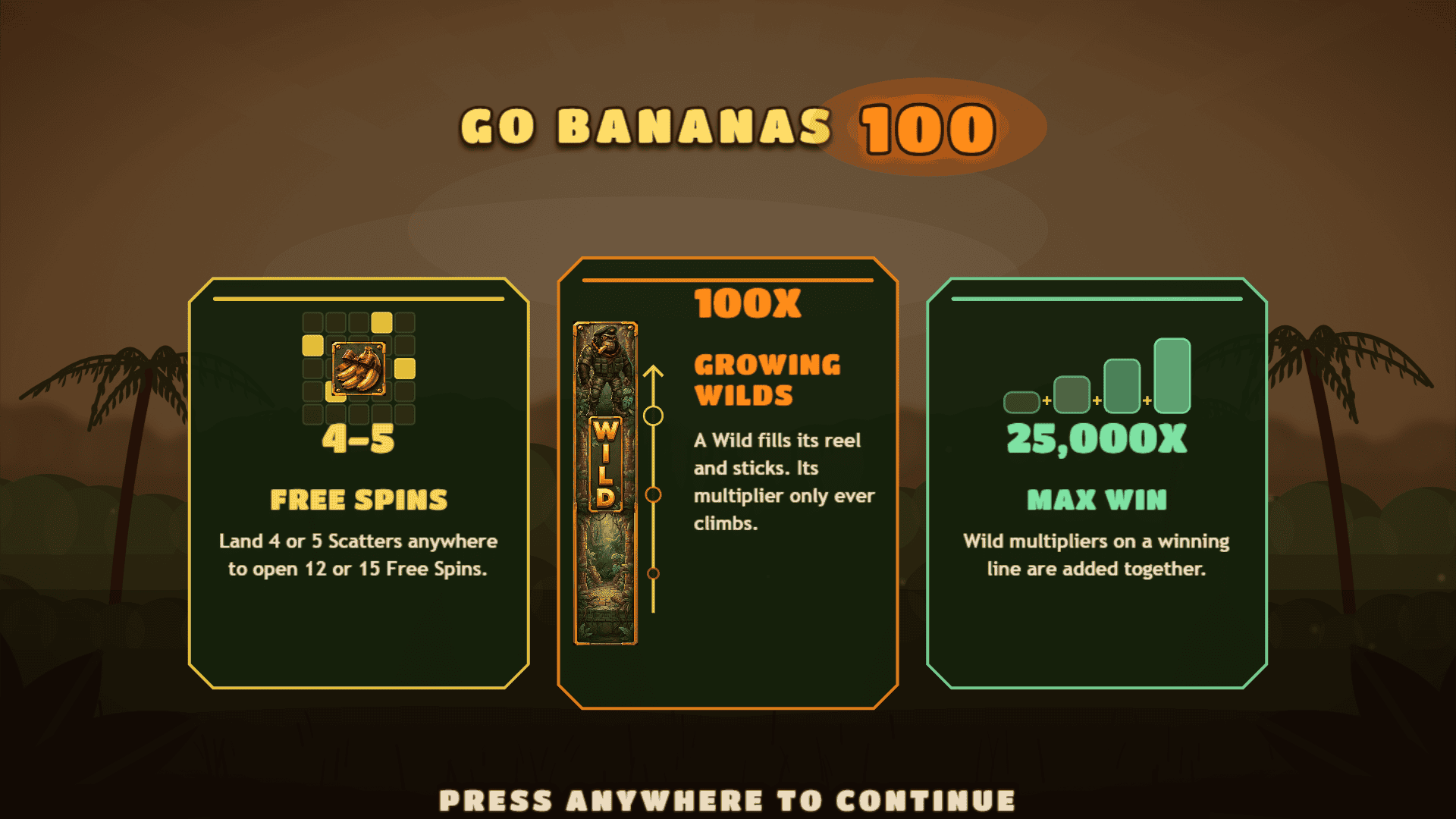 Go Bananas 100 slot intro screen