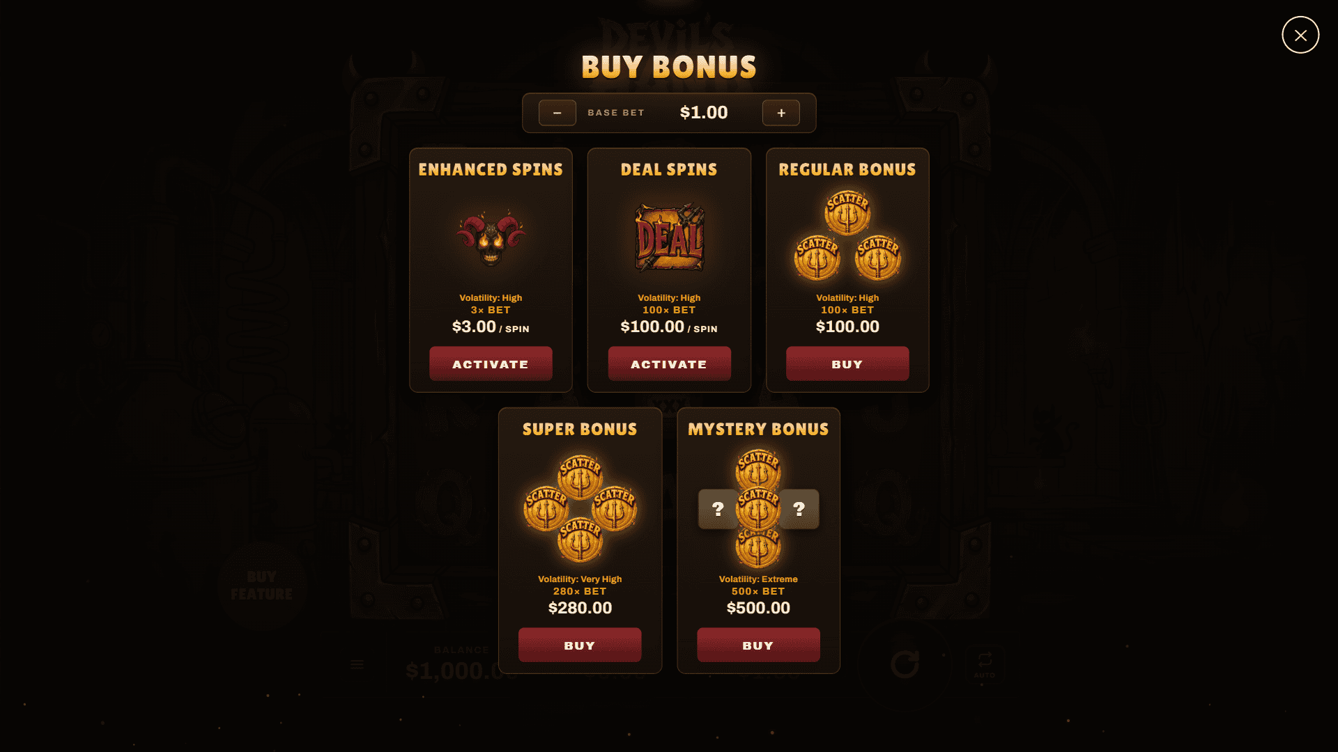 Devils Hand bonus buy menu