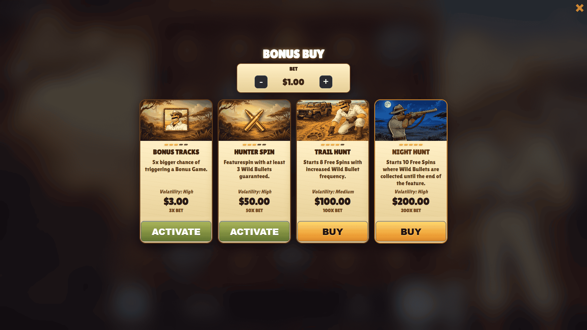 Safari Joe bonus buy menu