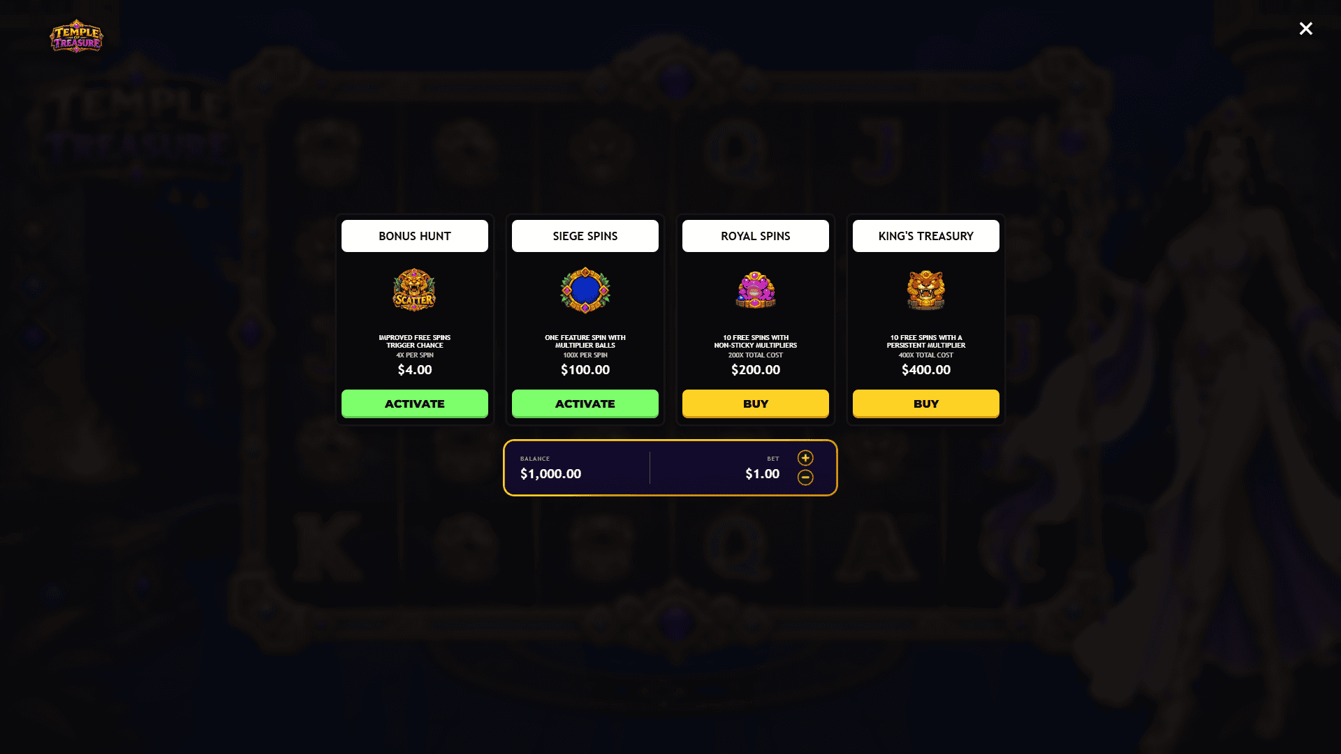 Temple of Treasure bonus buy menu