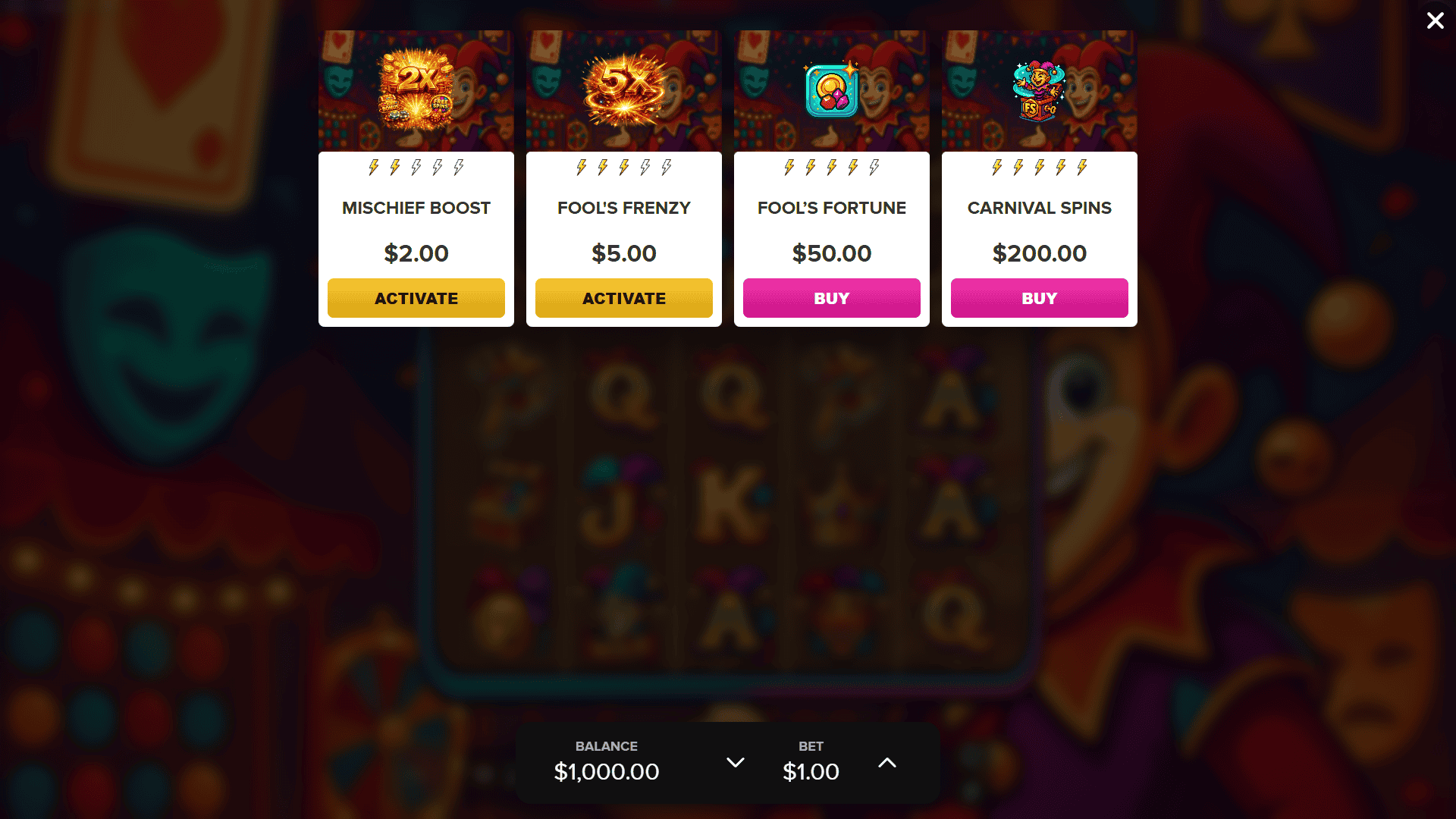 Carnival Of Fools bonus buy menu
