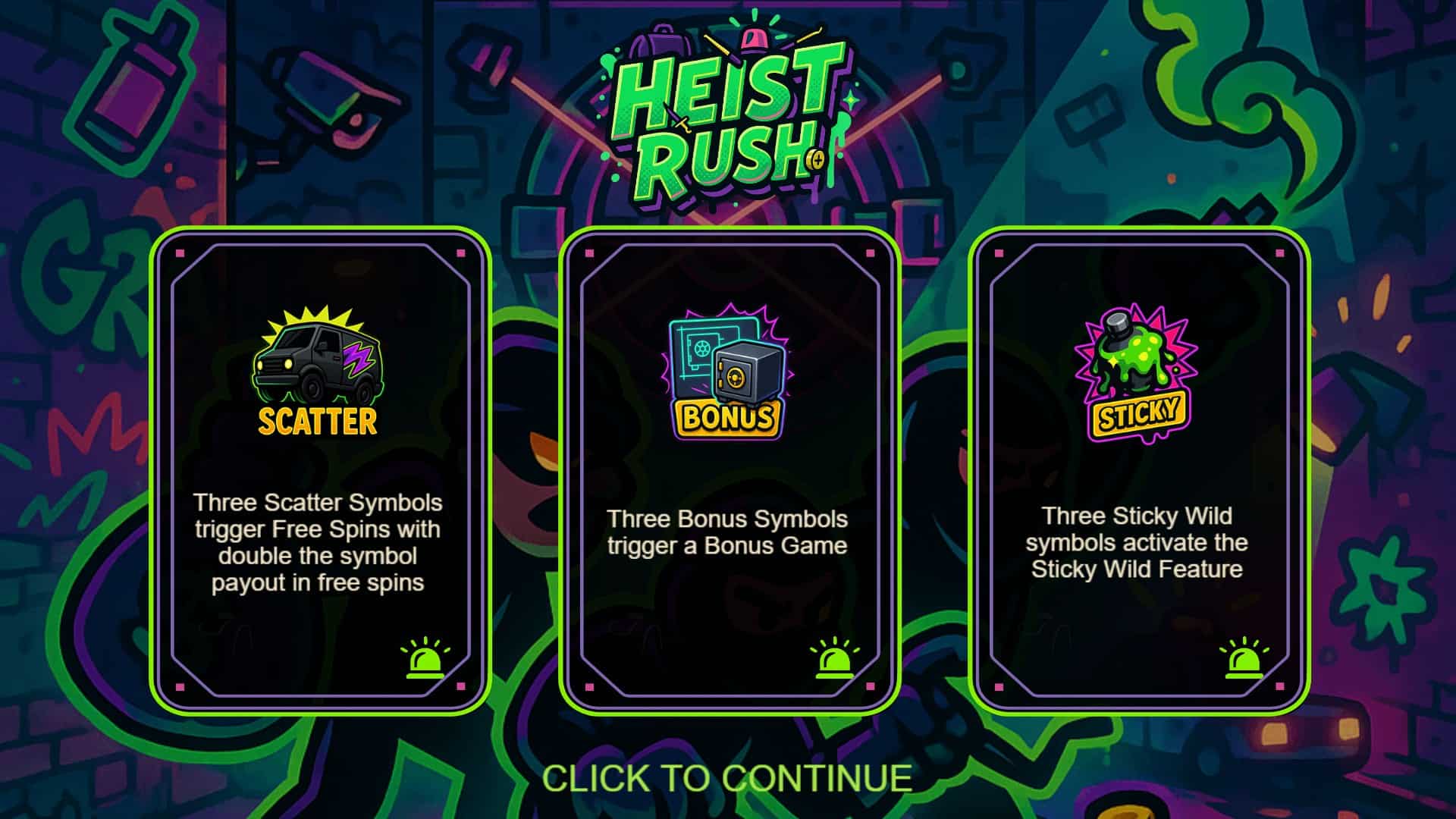 Heist Rush slot intro screen