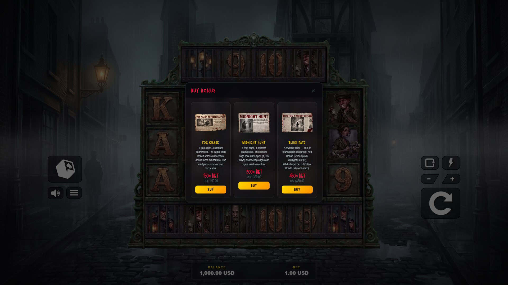 Dark Alley bonus buy menu