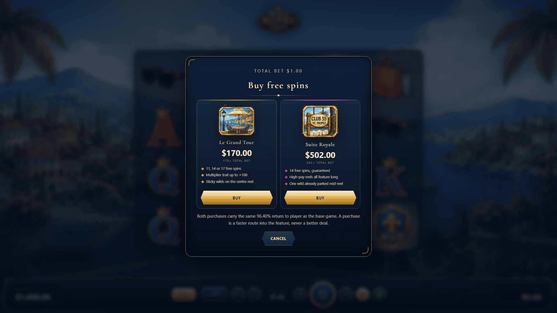 French Riviera Royale bonus buy menu