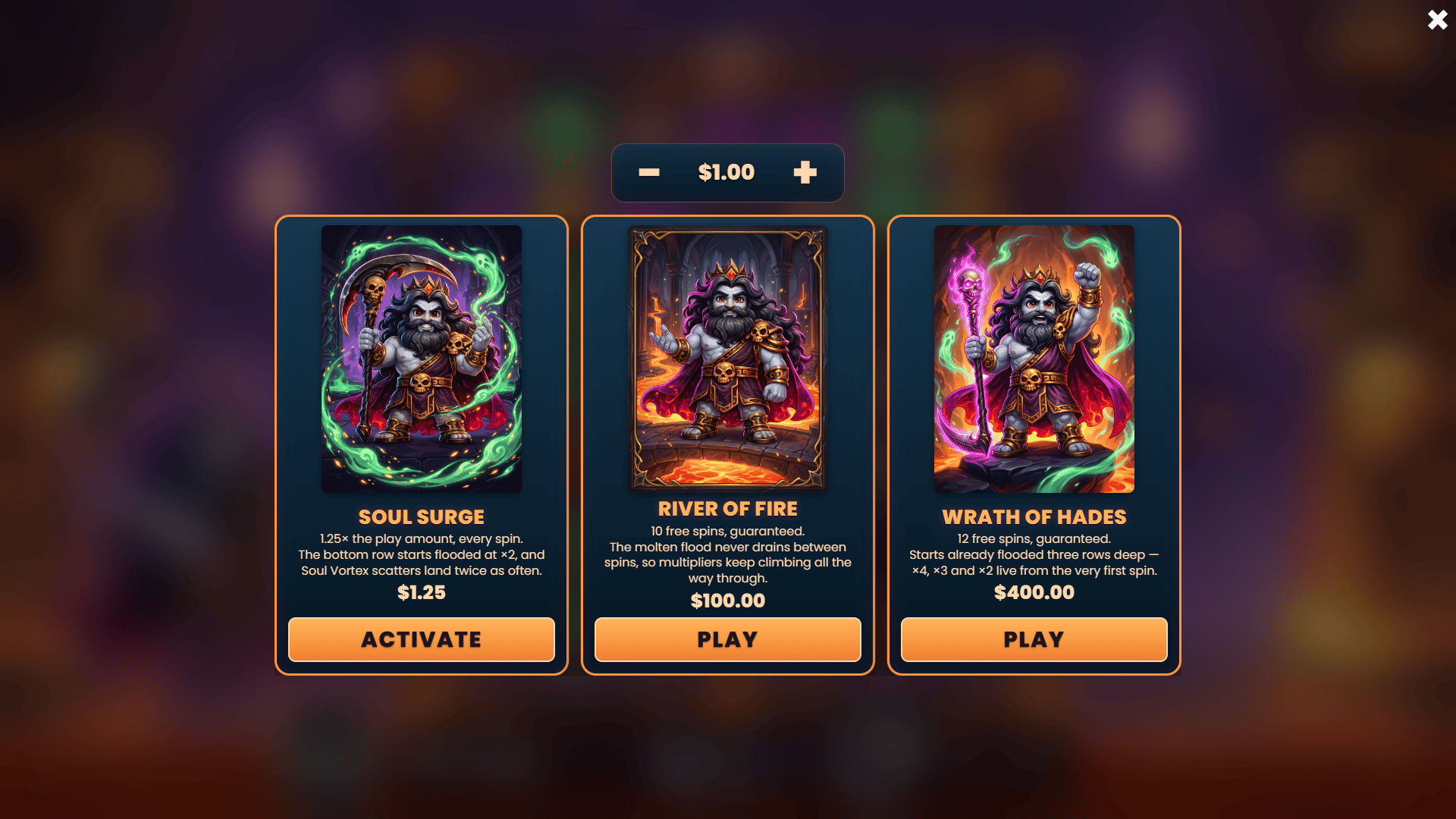 Hades Spins bonus buy menu