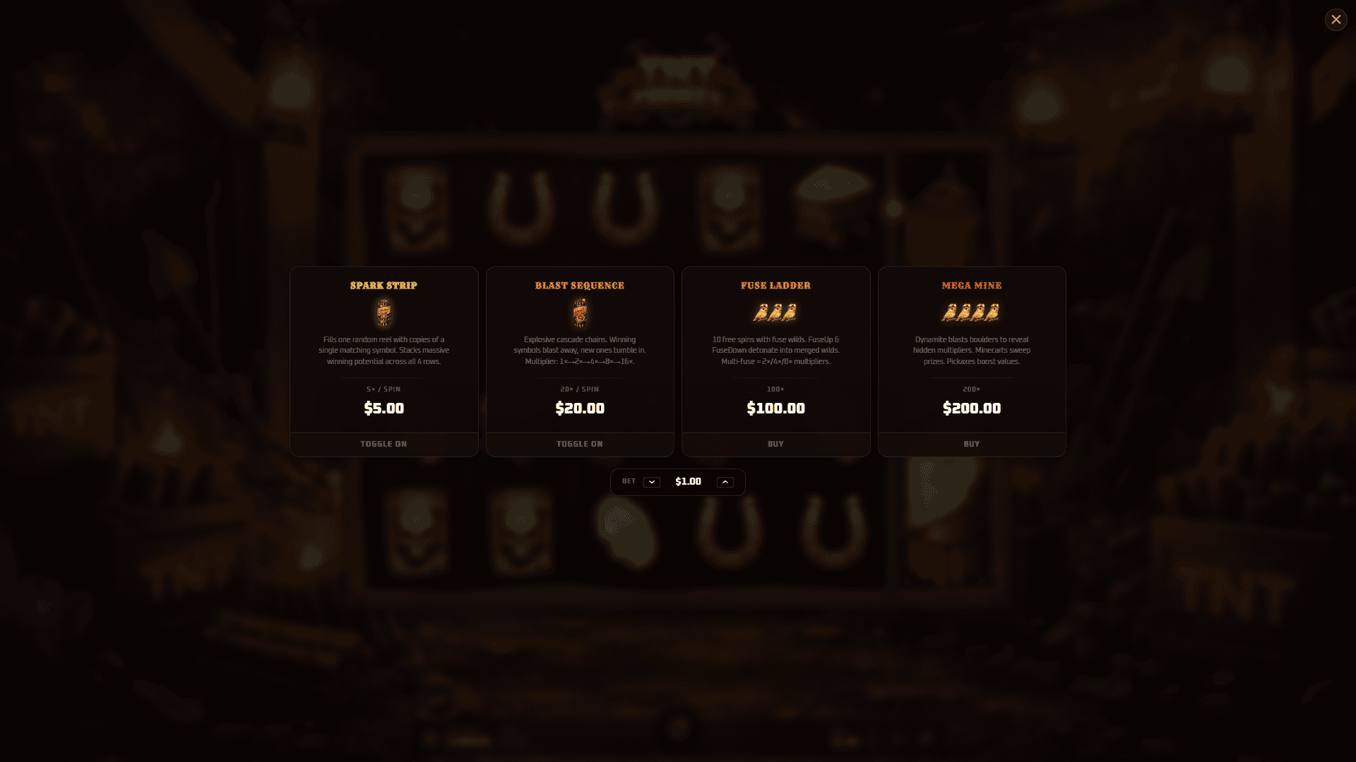 TNT Frenzy bonus buy menu