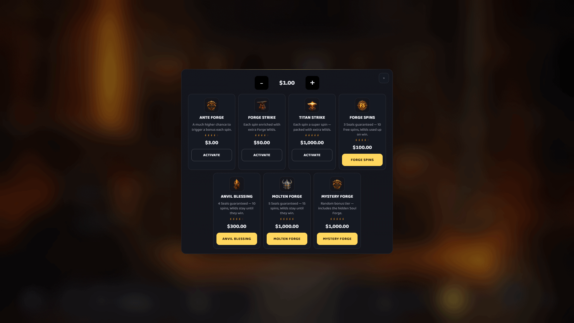 Forge Of Titans bonus buy menu