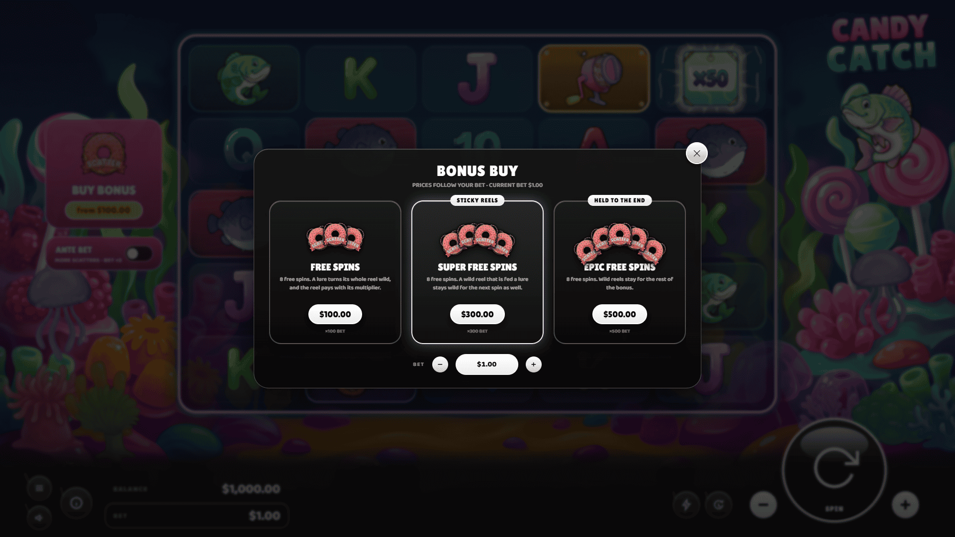 Candy Catch bonus buy menu