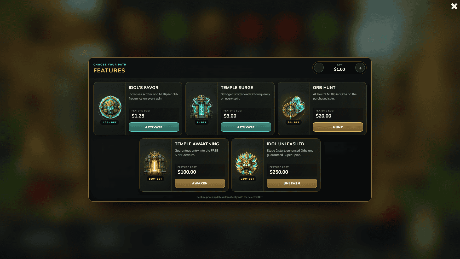 Lost City: Idol of Gold bonus buy menu