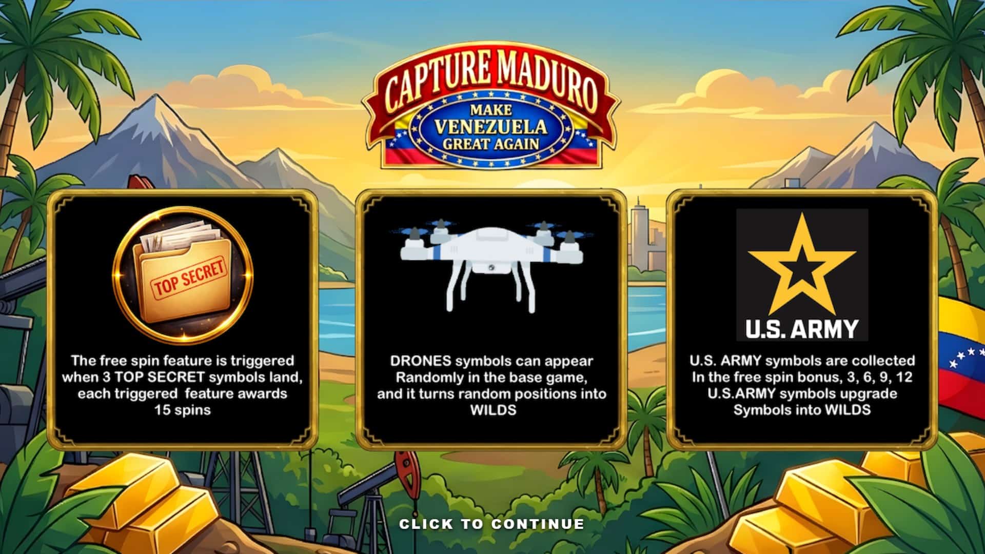 trump capture maduro slot intro screen