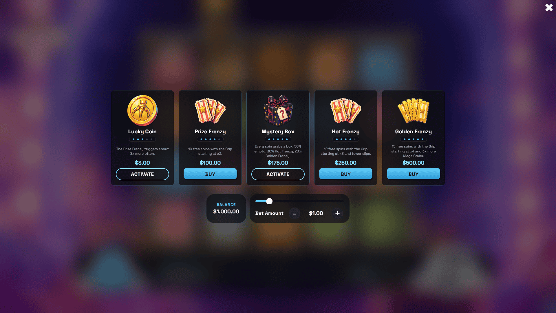 Claw bonus buy menu