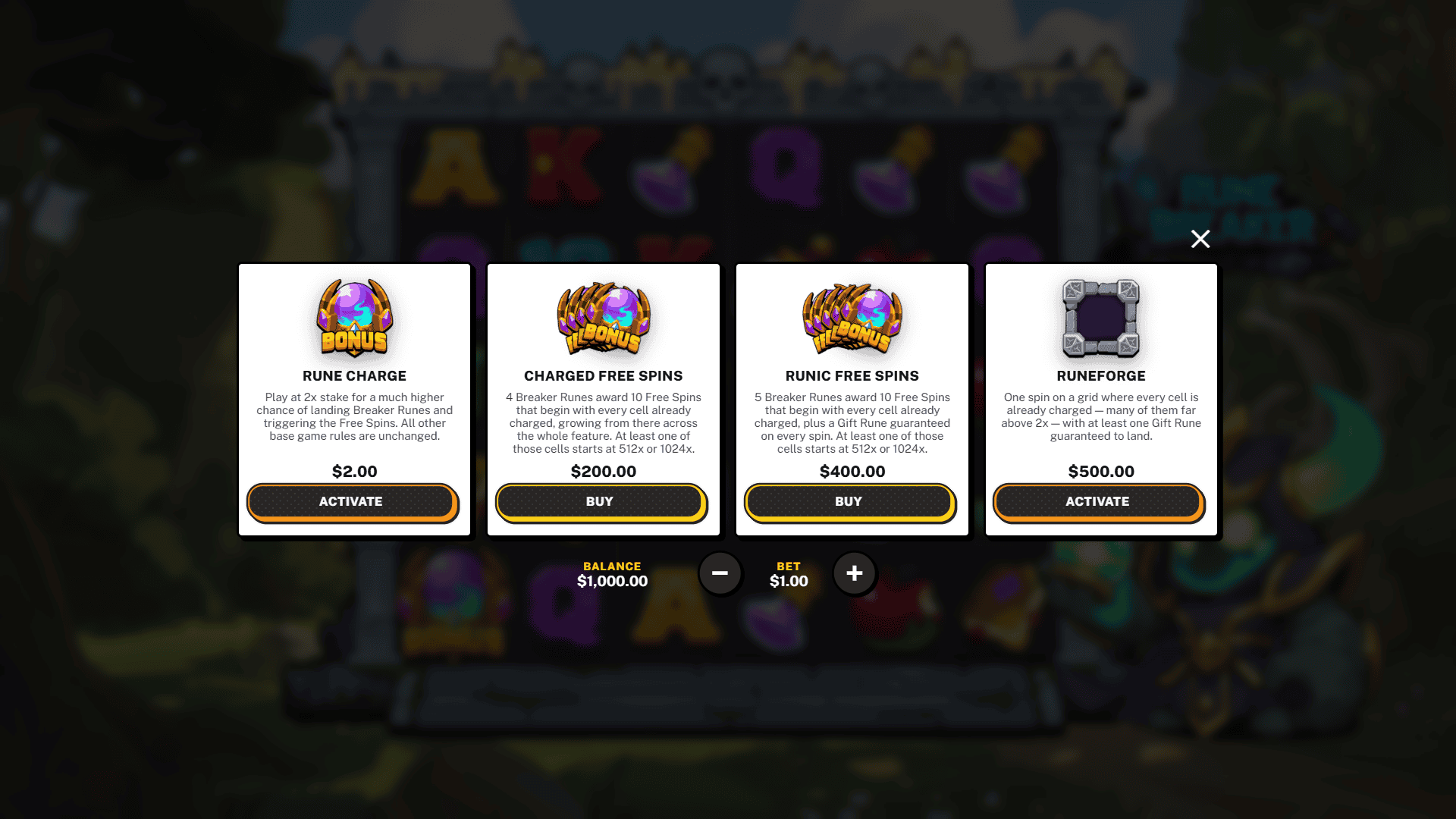 Runebreaker bonus buy menu