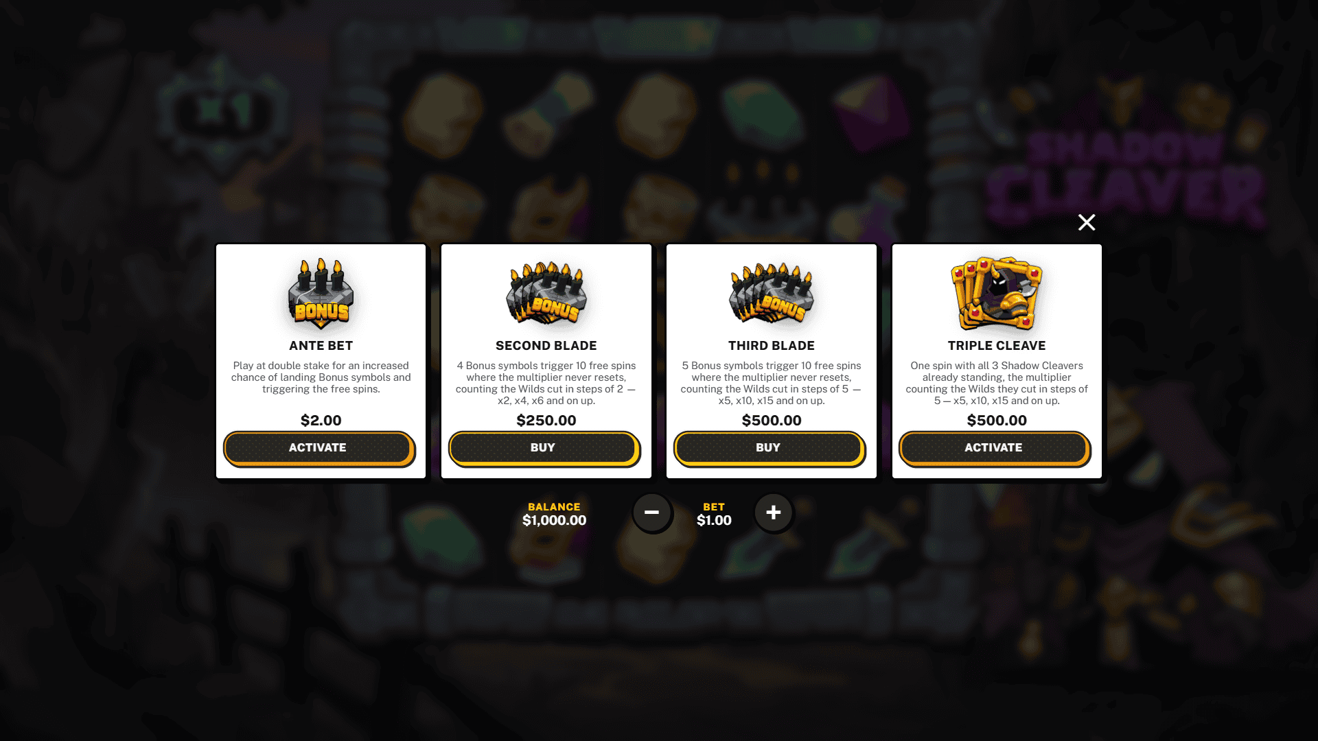Shadow Cleaver bonus buy menu