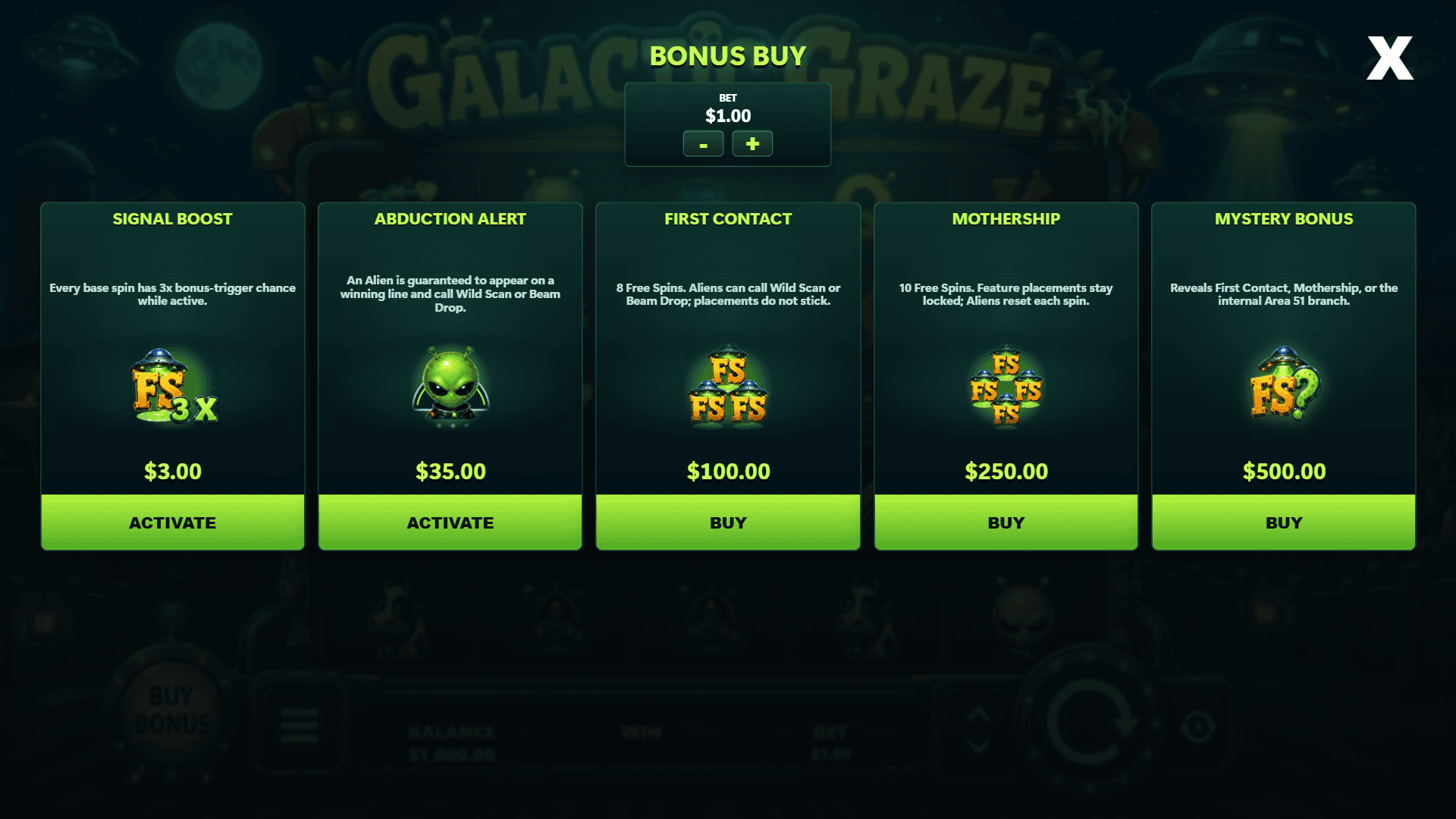 Galactic Graze bonus buy menu
