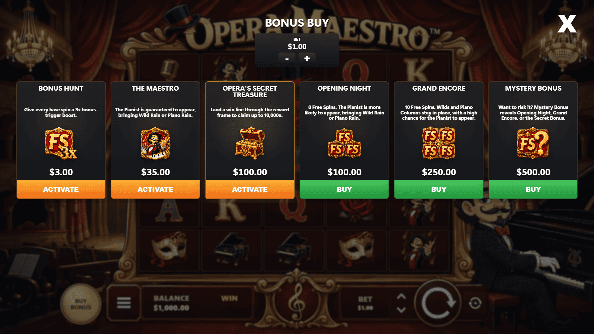Opera Maestro bonus buy menu