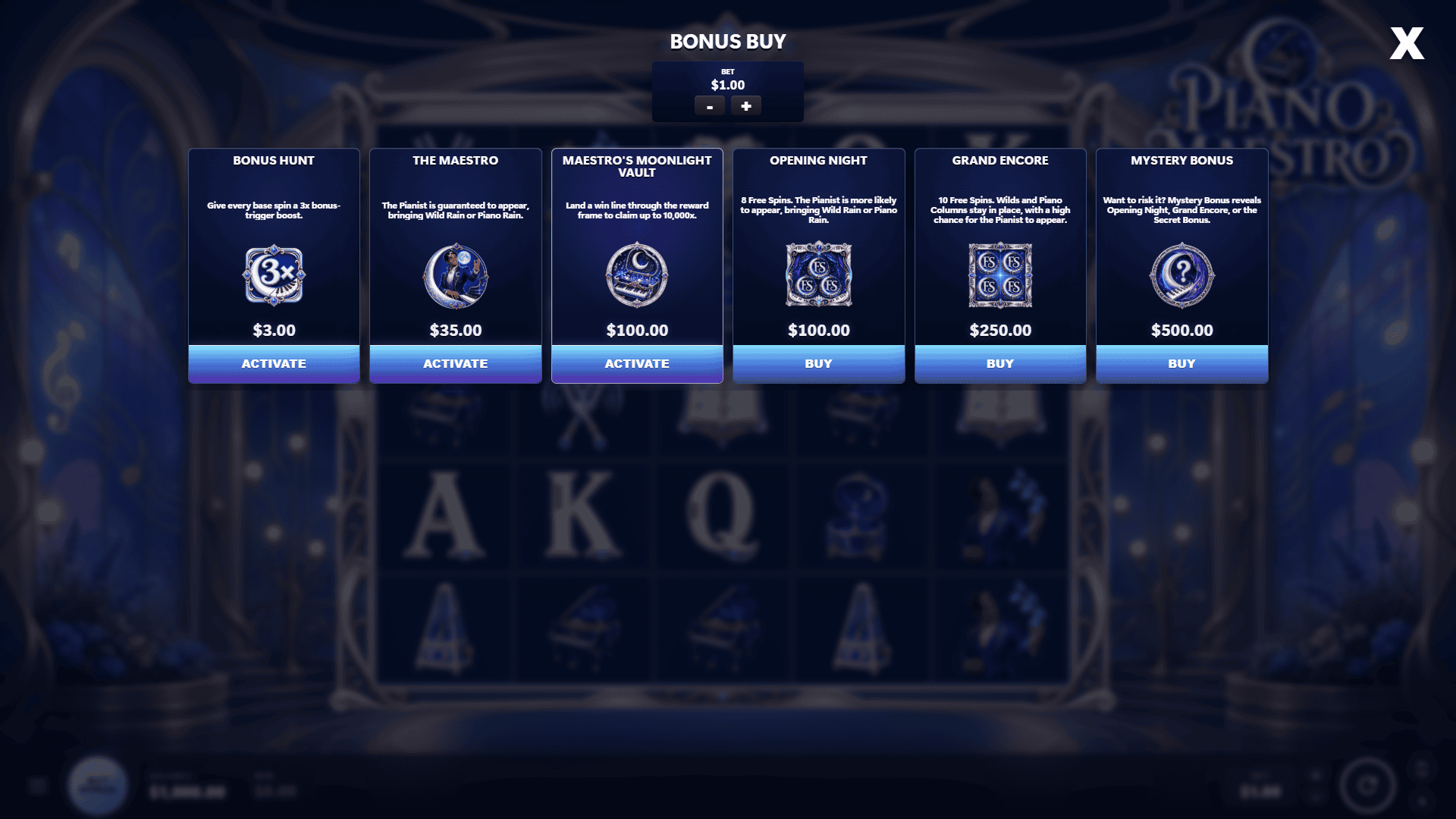 Piano Maestro bonus buy menu