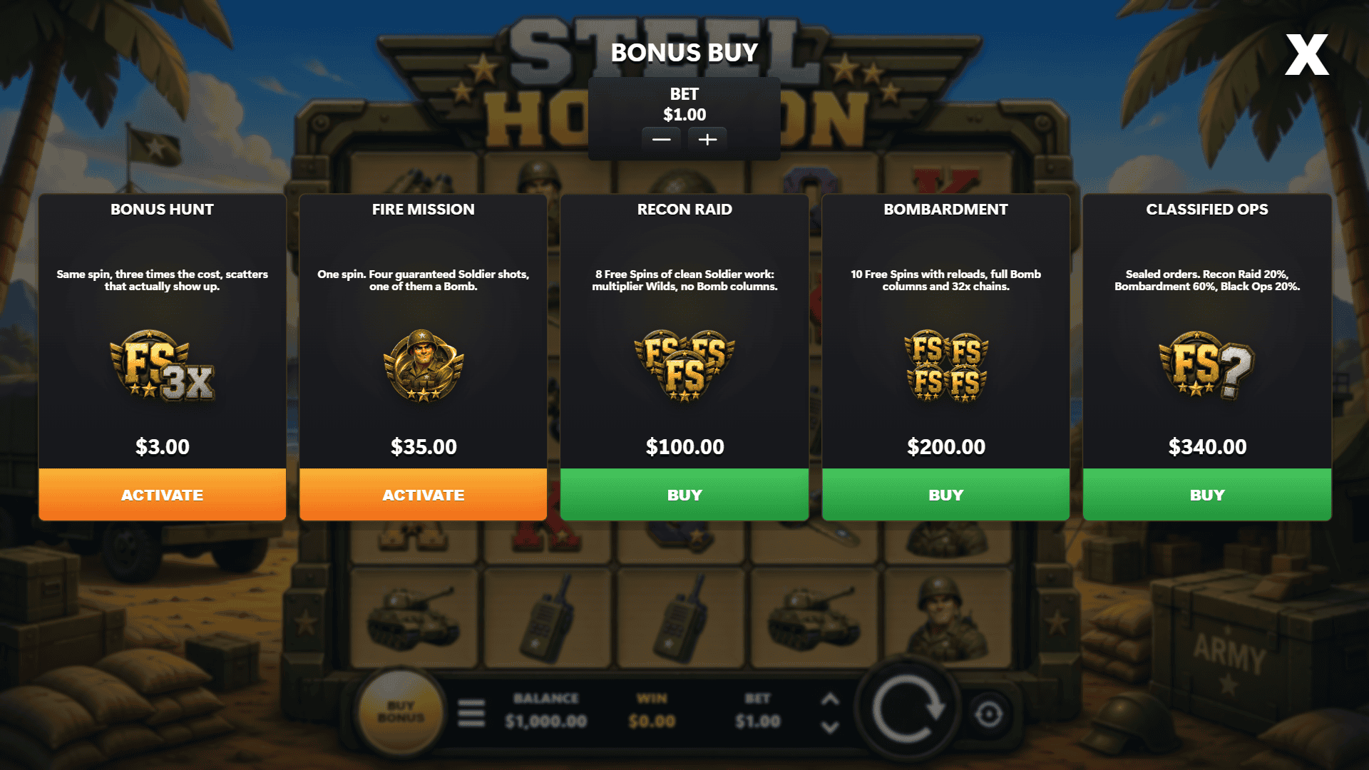 Steel Horizon bonus buy menu