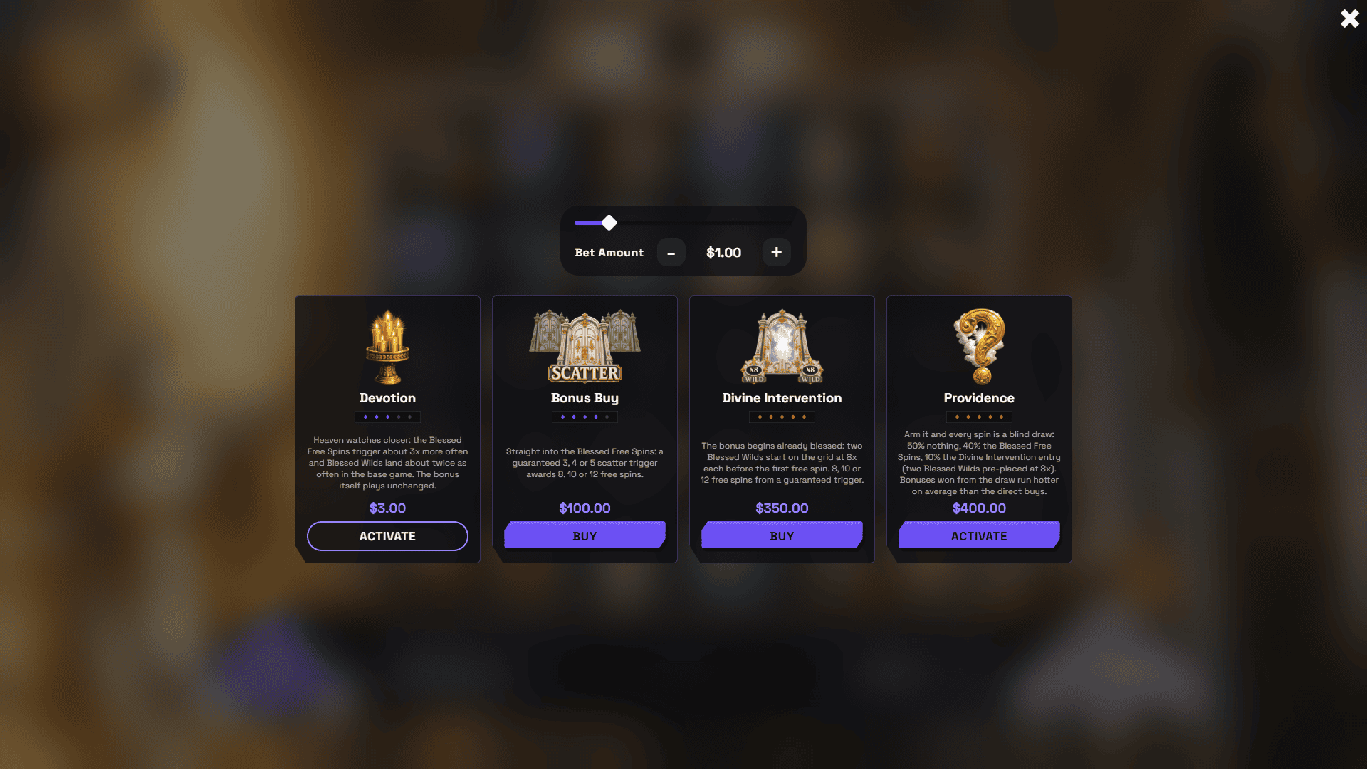 Divine Touch bonus buy menu